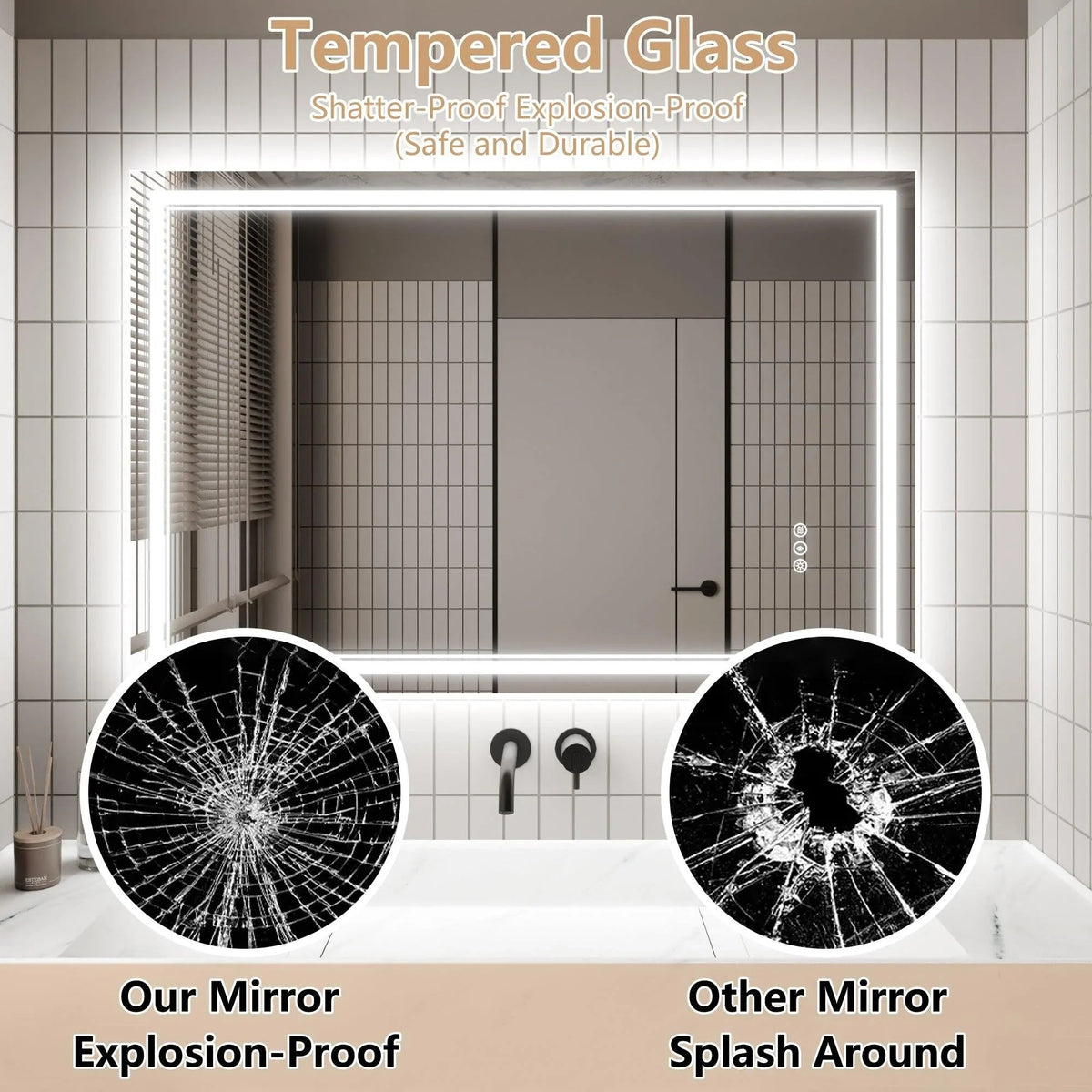 Rectangular backlit bathroom mirror with white LED frame and two shattered-glass test circles