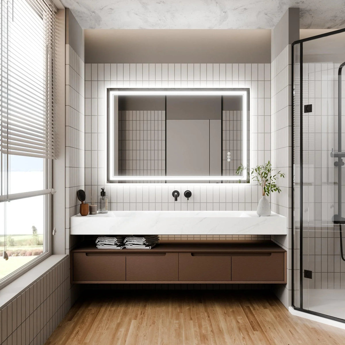 Backlit rectangular LED bathroom mirror with anti-fog glow border