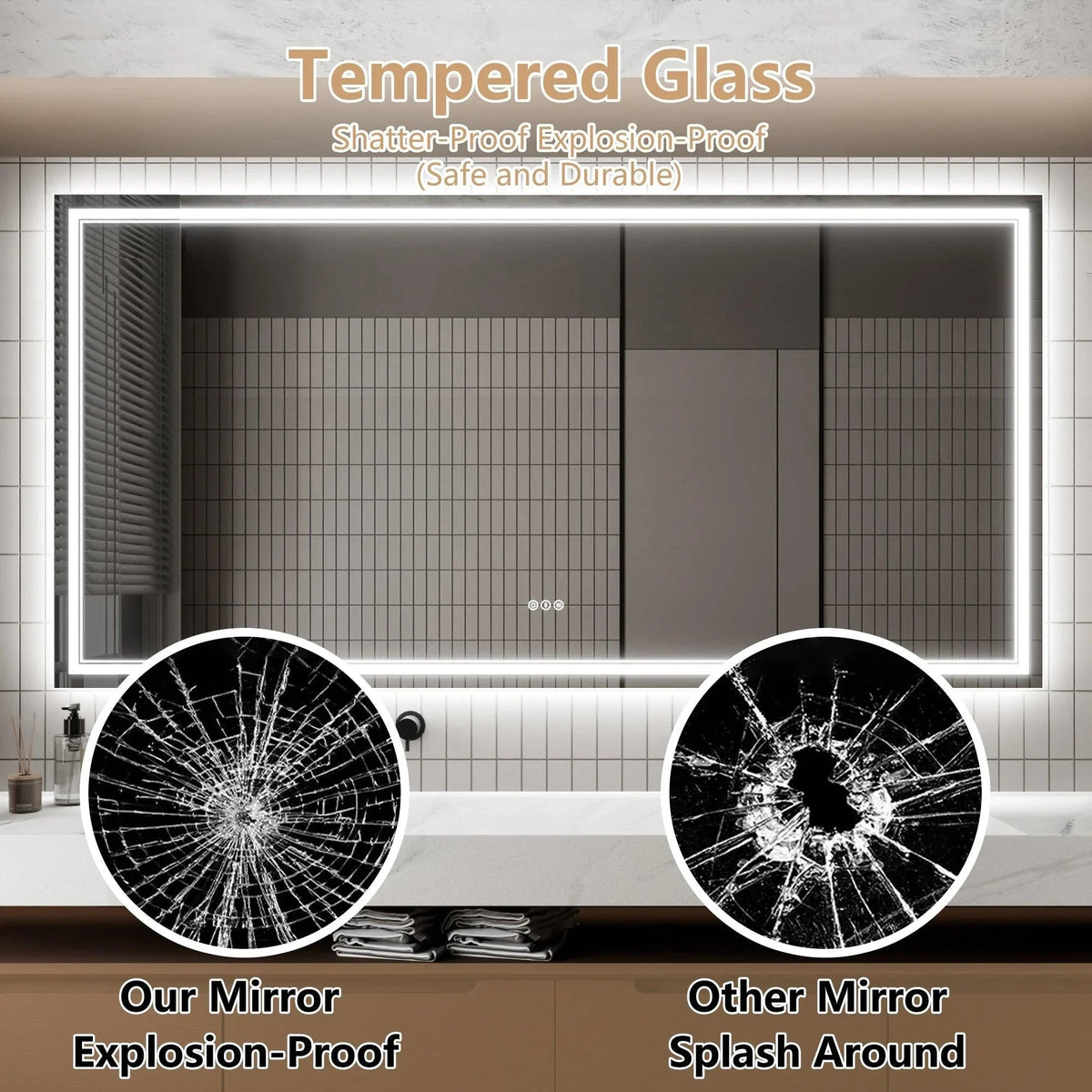 Rectangular backlit bathroom mirror with LED border and tempered glass protection graphic