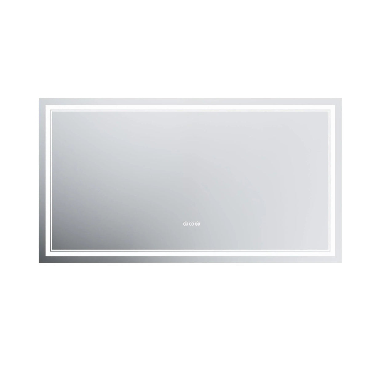 Rectangular backlit bathroom mirror with slim LED frame and small touch control dots