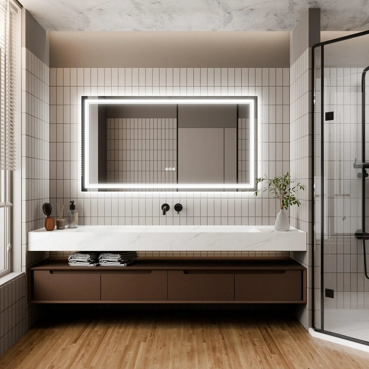 Backlit rectangular LED bathroom mirror with anti-fog border light