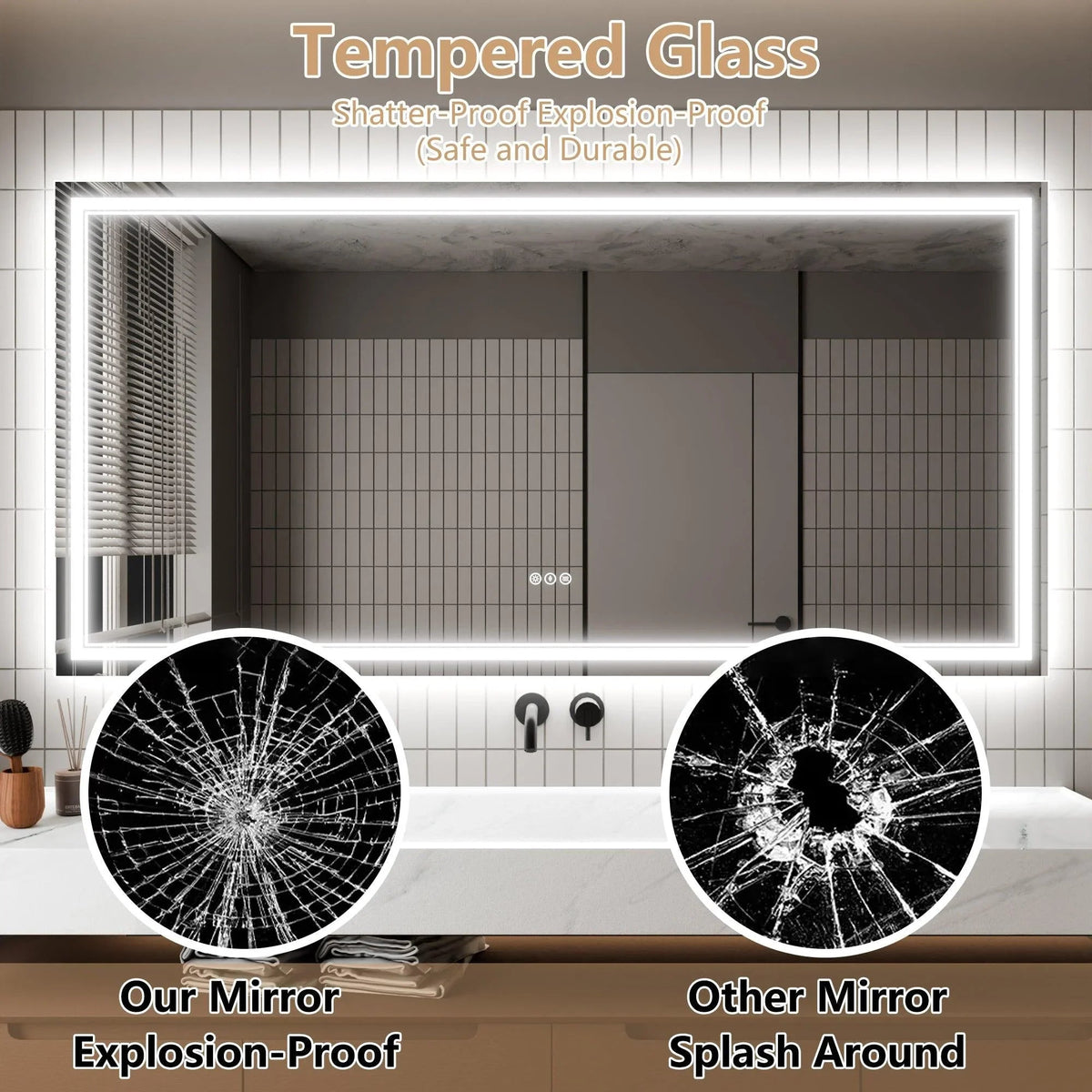 Tempered-glass LED bathroom mirror with shatter-proof protection graphic.