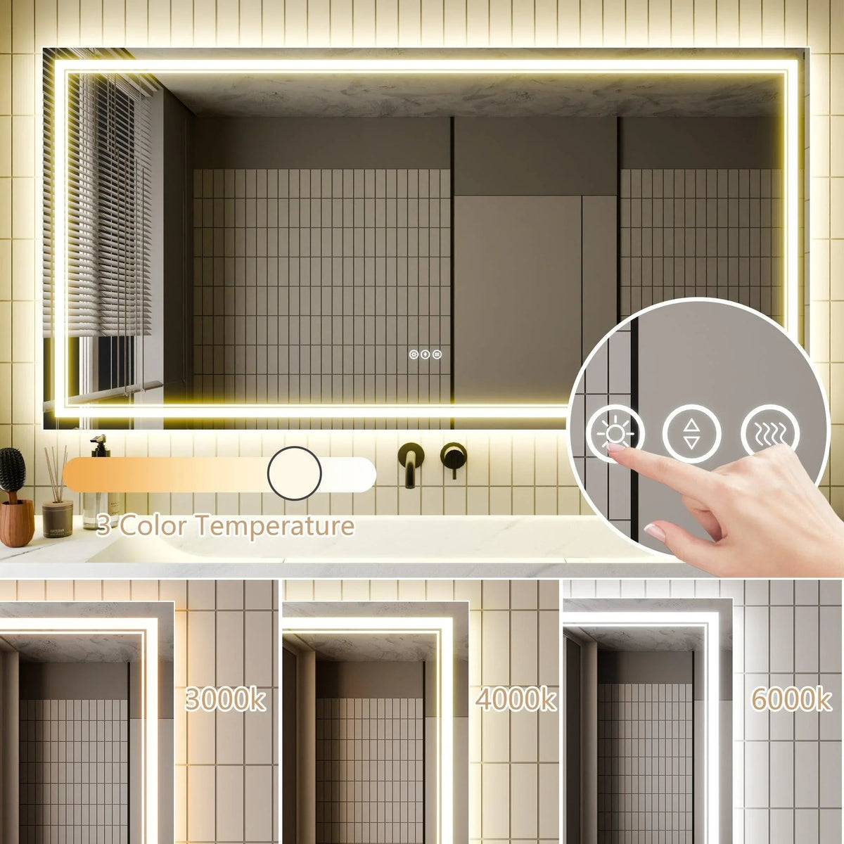 LED bathroom mirror touch dial showing 3-color temperature modes (3000K–6000K).