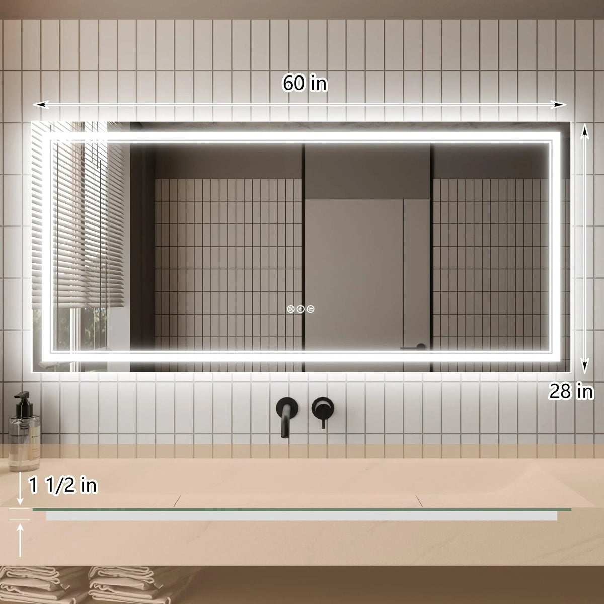 Rectangular LED bathroom mirror with visible height and width measurement labels.