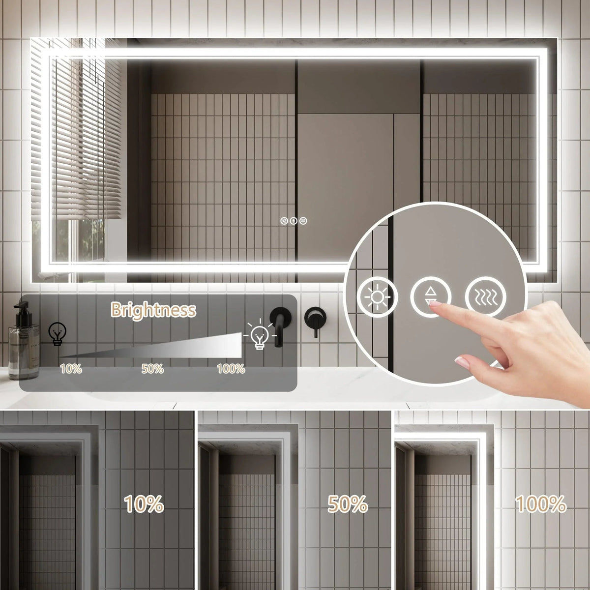 Backlit bathroom LED mirror with glowing frame and touch control panel overlay.