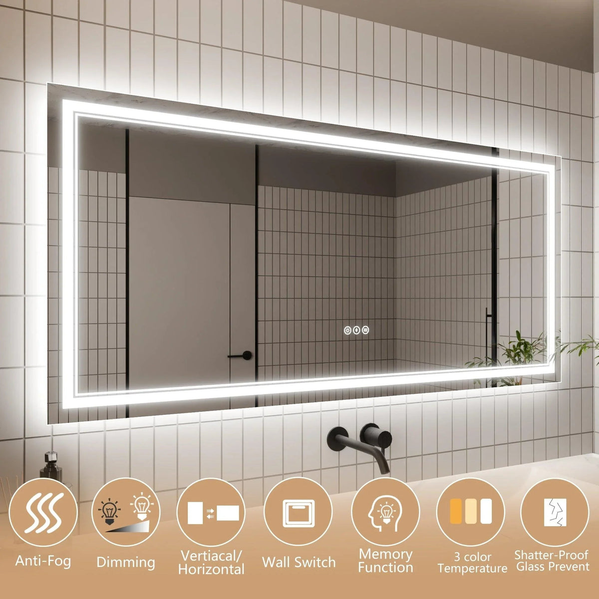 LED backlit bathroom mirror with feature icons for anti-fog, dimming, and memory.