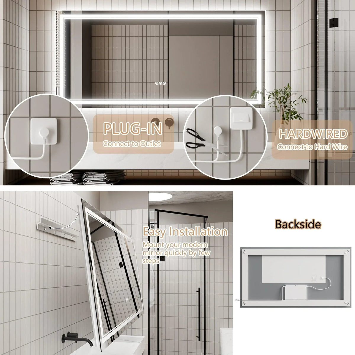 Backlit LED bathroom mirror showing plug-in and hardwired connection ports.