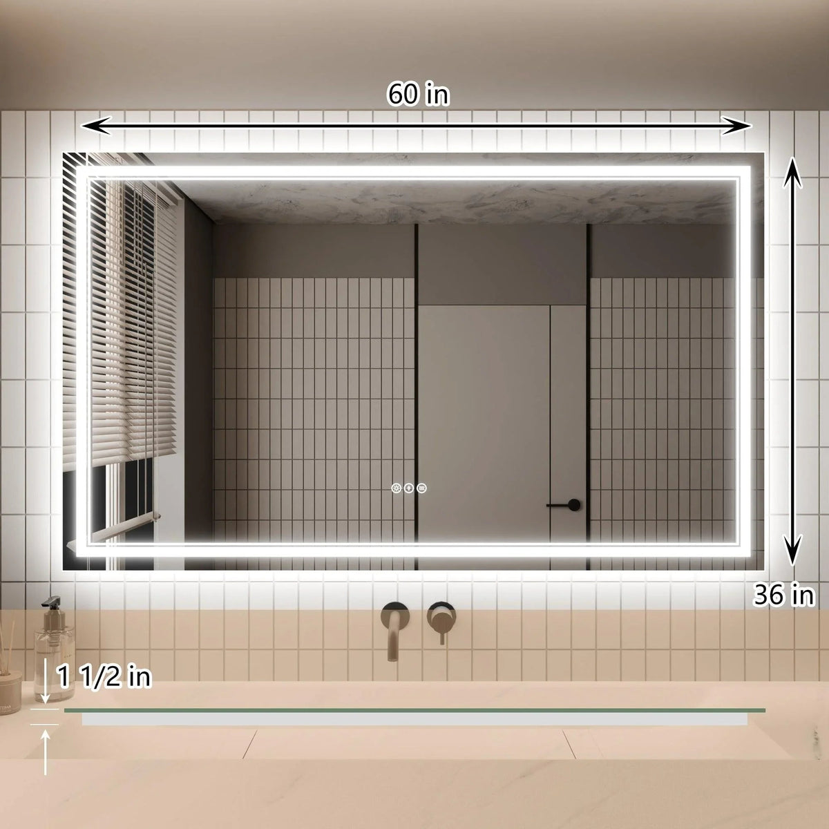 Backlit bathroom LED mirror with width and height measurement overlays.