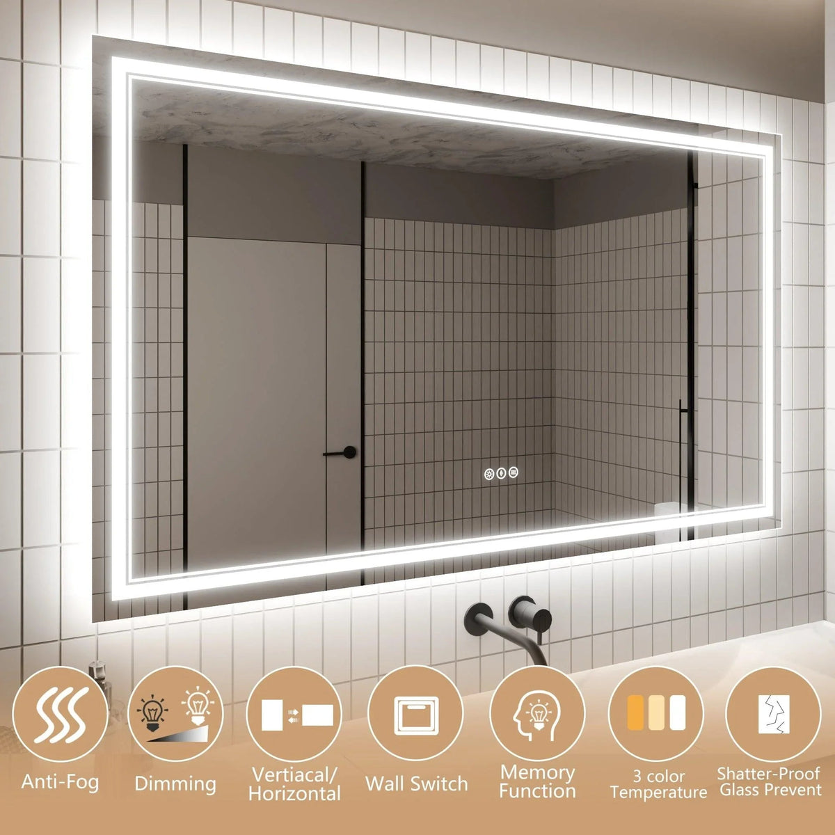 Backlit bathroom LED mirror with anti-fog, dimming, and wall switch feature icons.