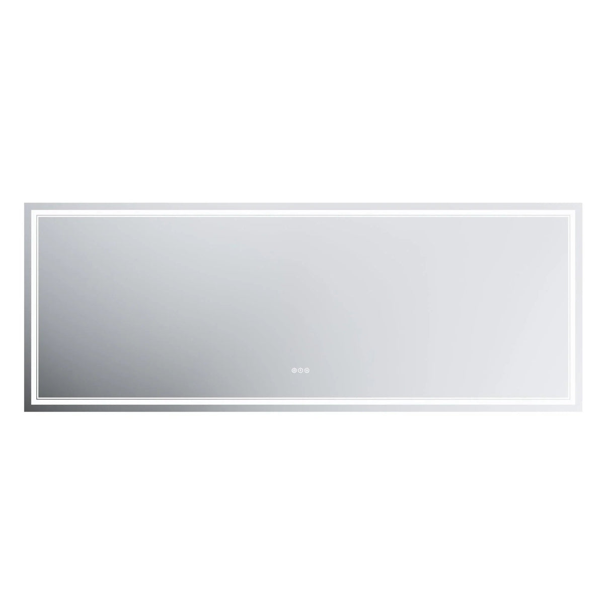 Backlit bathroom mirror with bright white frame and rectangular glass panel.