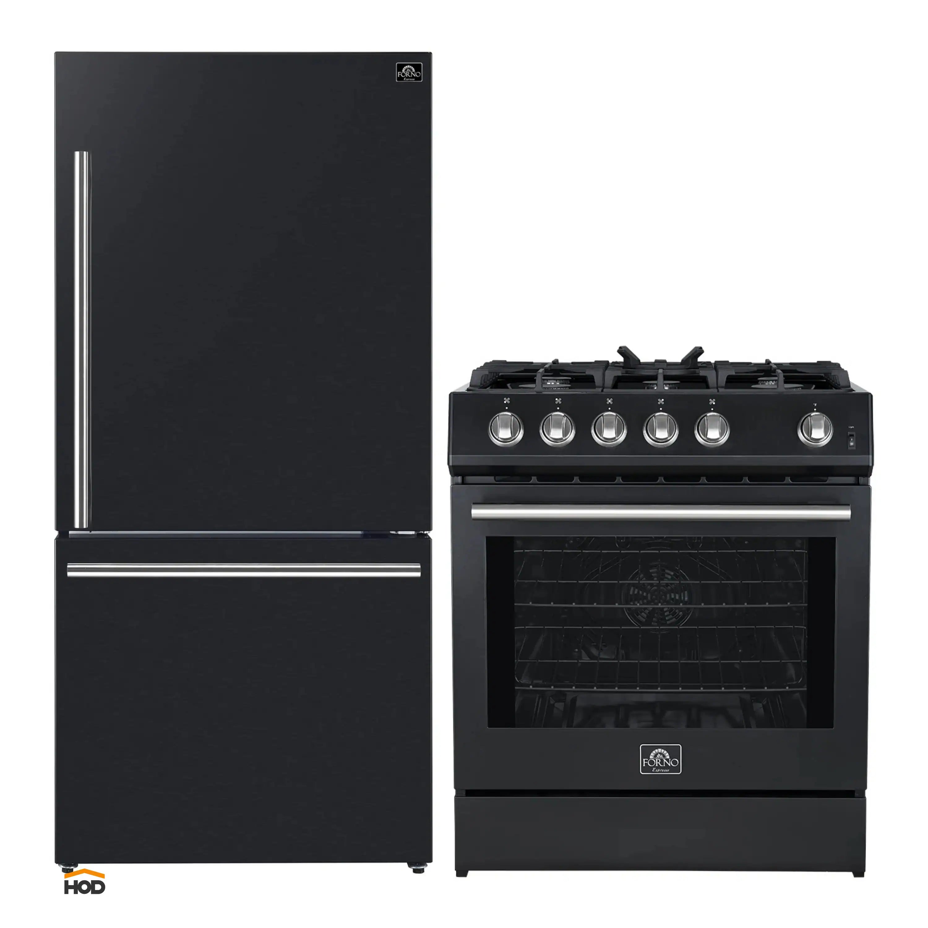 Black refrigerator paired with a stainless-knob gas range with oven door