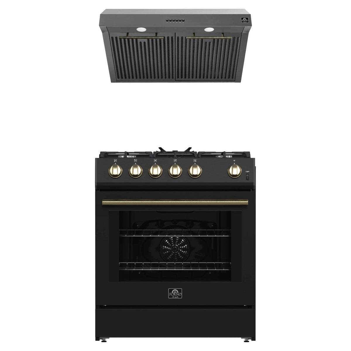 Forno 2-Piece Appliance Package - 30-Inch Gas Range & Under Cabinet Range Hood in Black with Antique Brass Trim