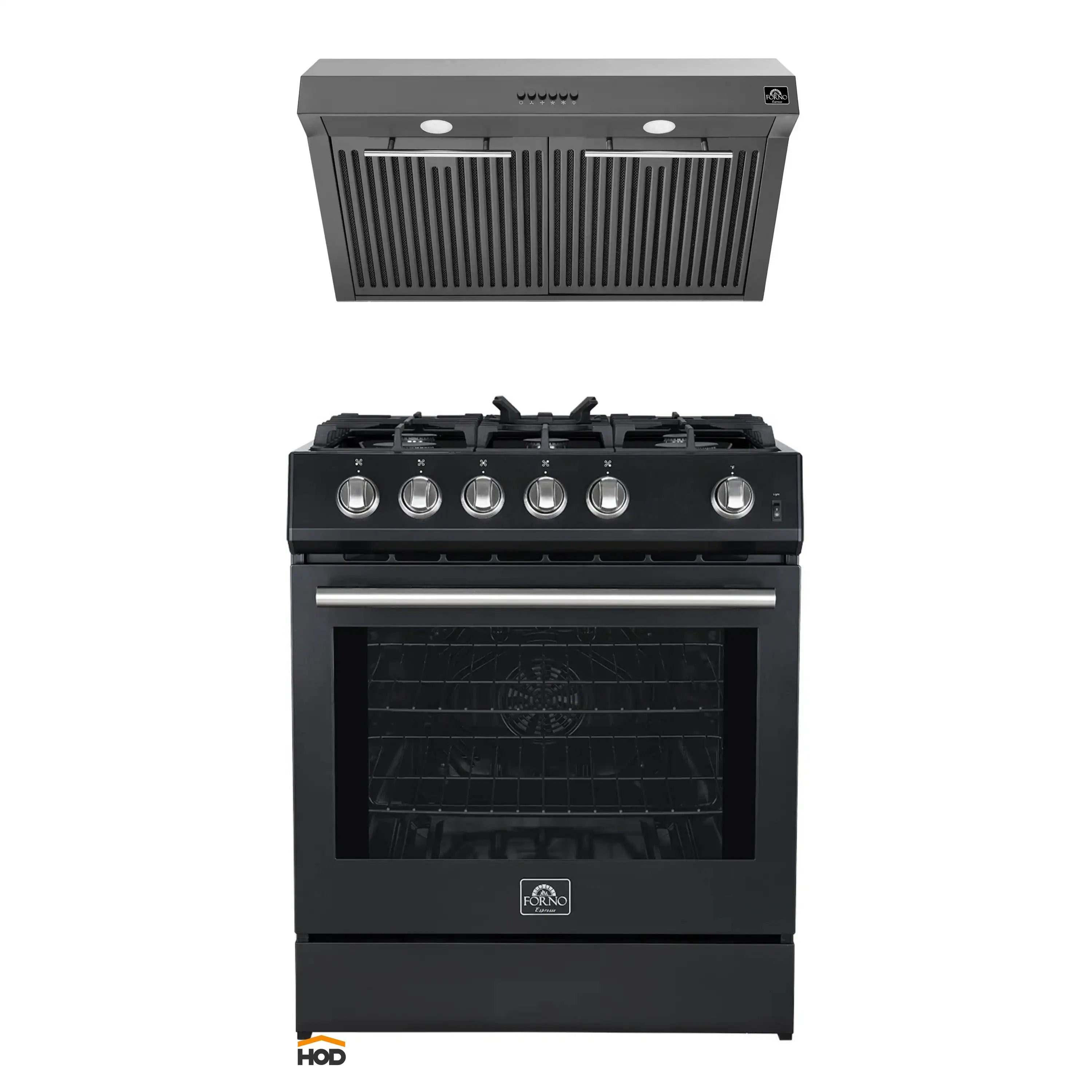 Black gas range and under-cabinet hood set with stainless trim, knobs, and oven window