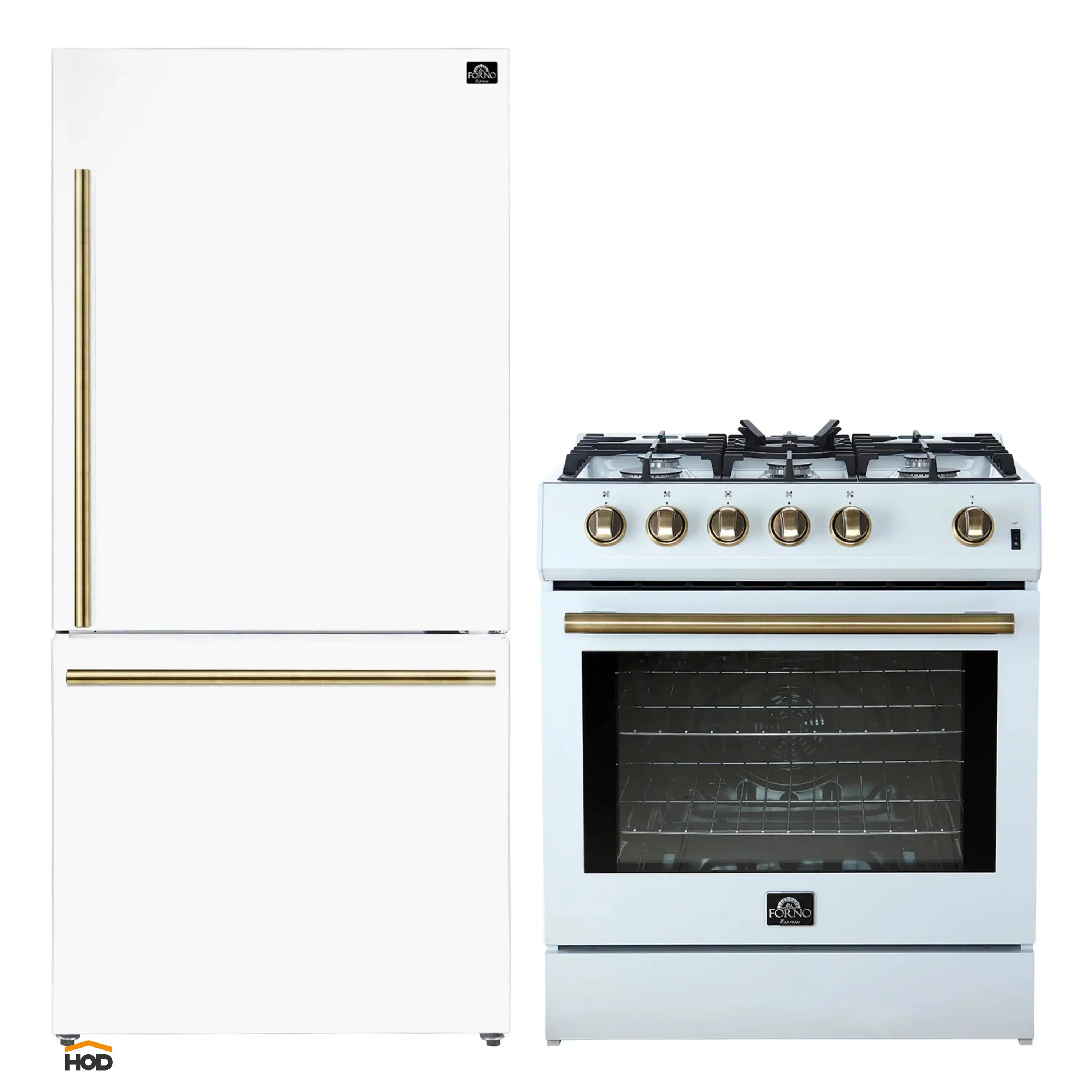 White refrigerator and gas range set with antique brass trim and control knobs