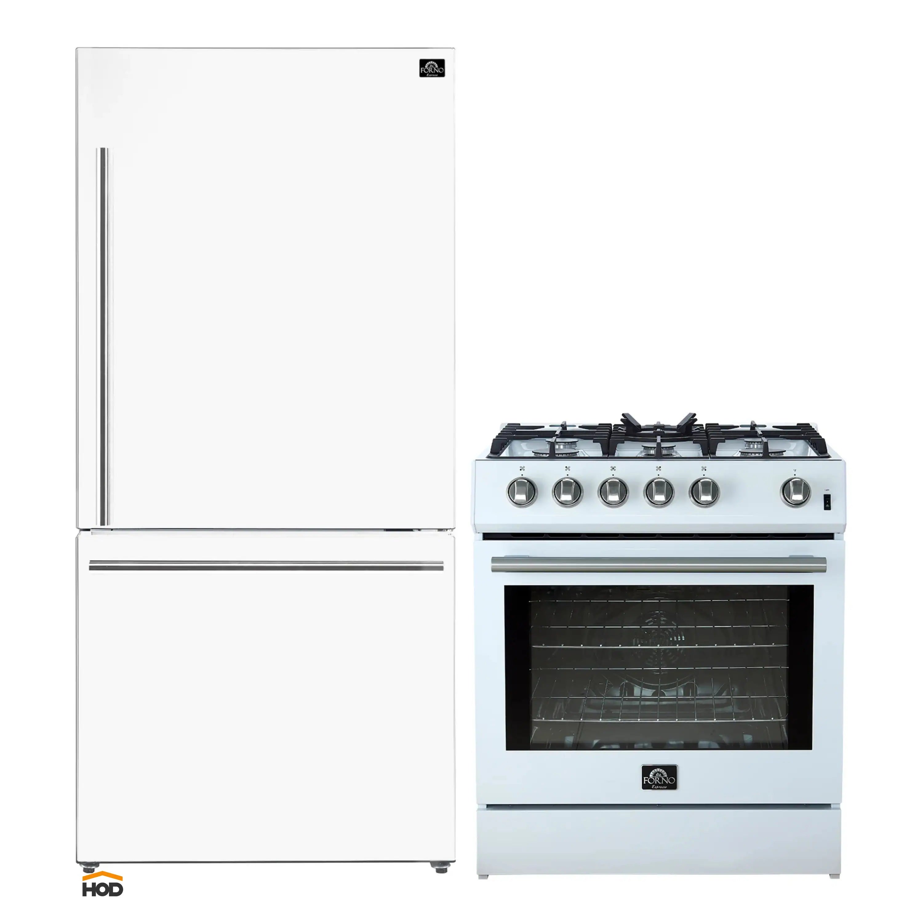 White refrigerator and gas range with stainless trim, shown together.