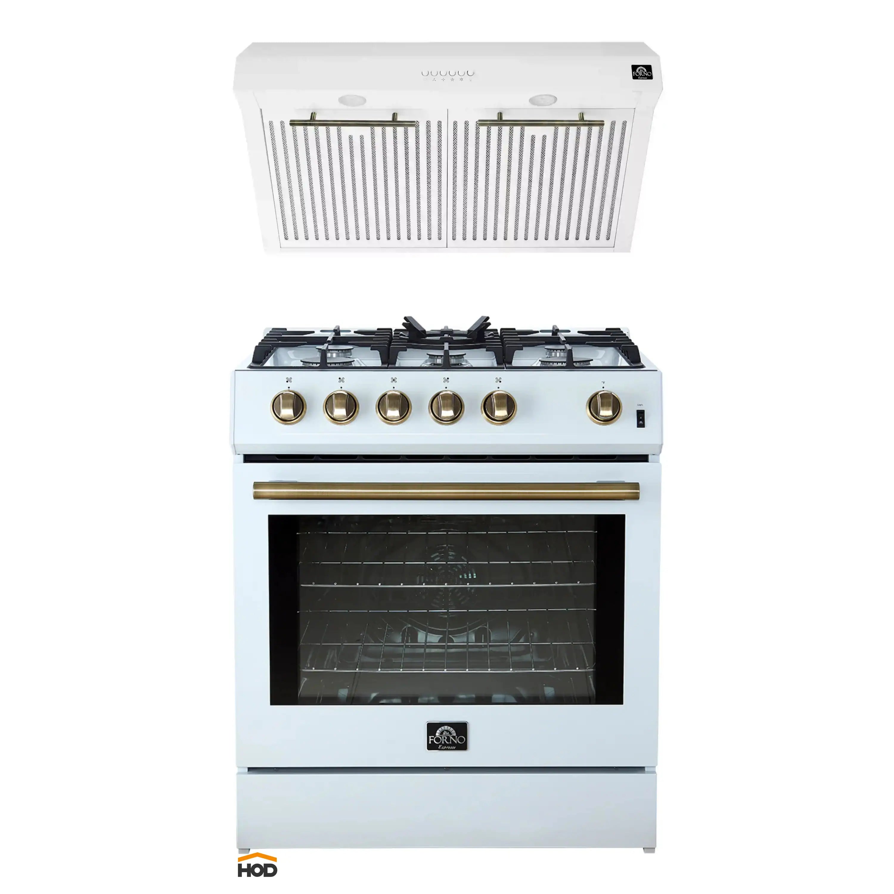 Two-piece white gas range and hood with antique brass trim and control knobs