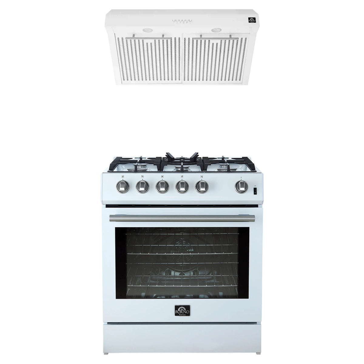 Forno 2-Piece Appliance Package - 30-Inch Gas Range & Under Cabinet Range Hood in White with Stainless Steel Trim