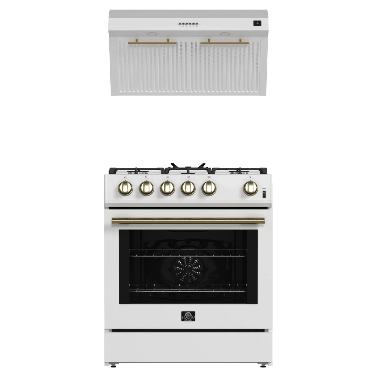 Forno 2-Piece Appliance Package - 30-Inch Gas Range & Under Cabinet Range Hood in White with Antique Brass Trim