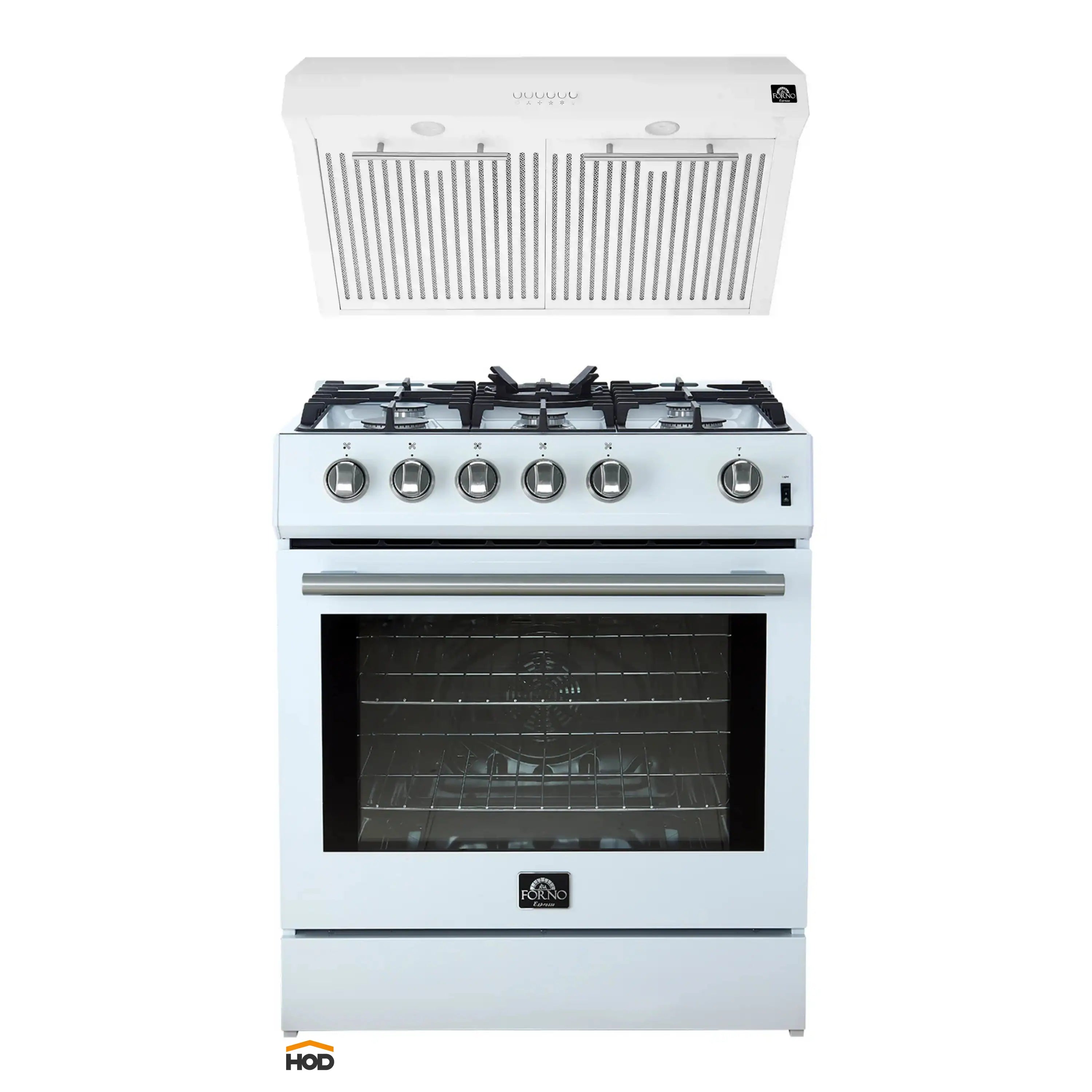 White gas range with stainless control knobs, oven window, and under-cabinet hood