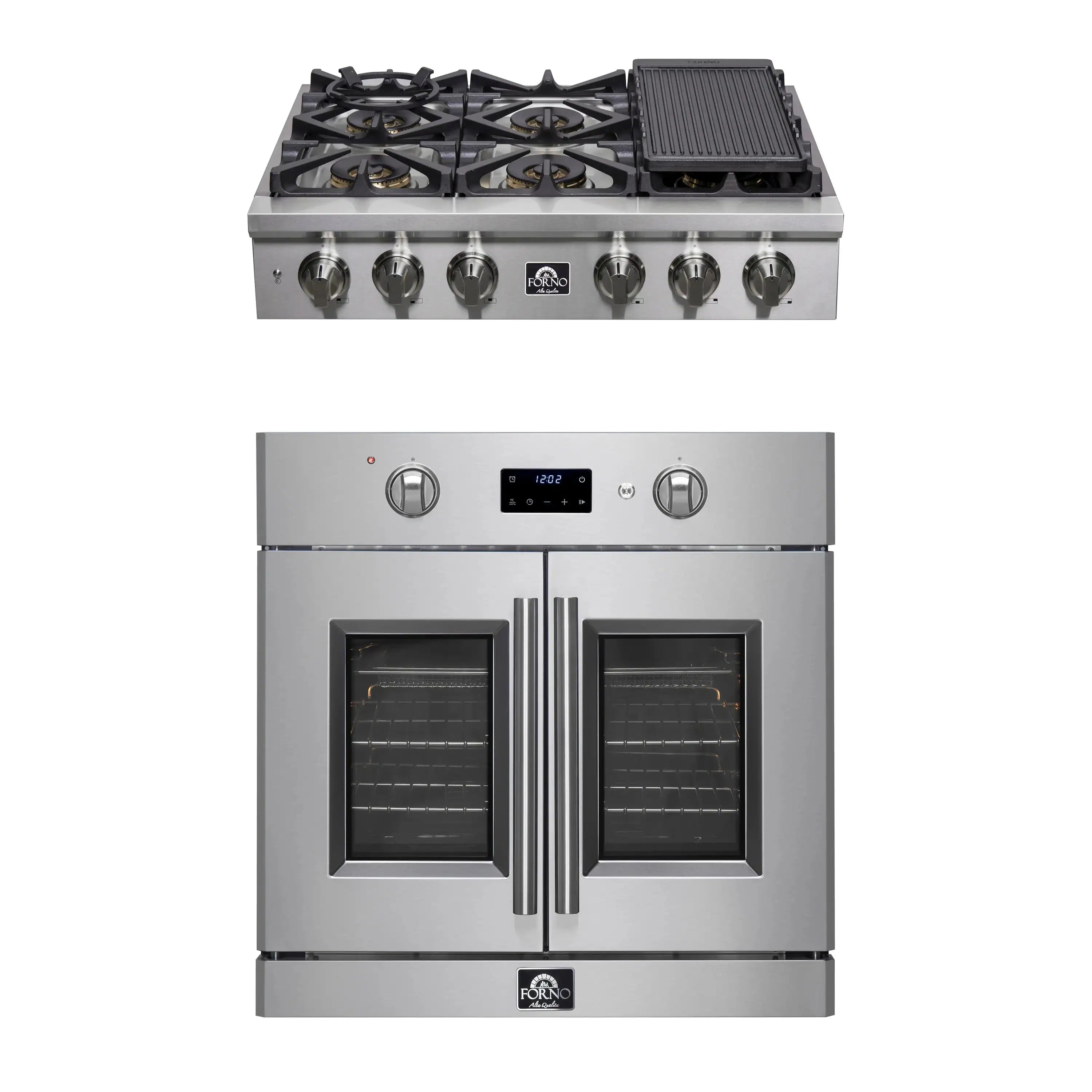 Stainless steel gas rangetop and French door wall oven with control knobs and black glass doors