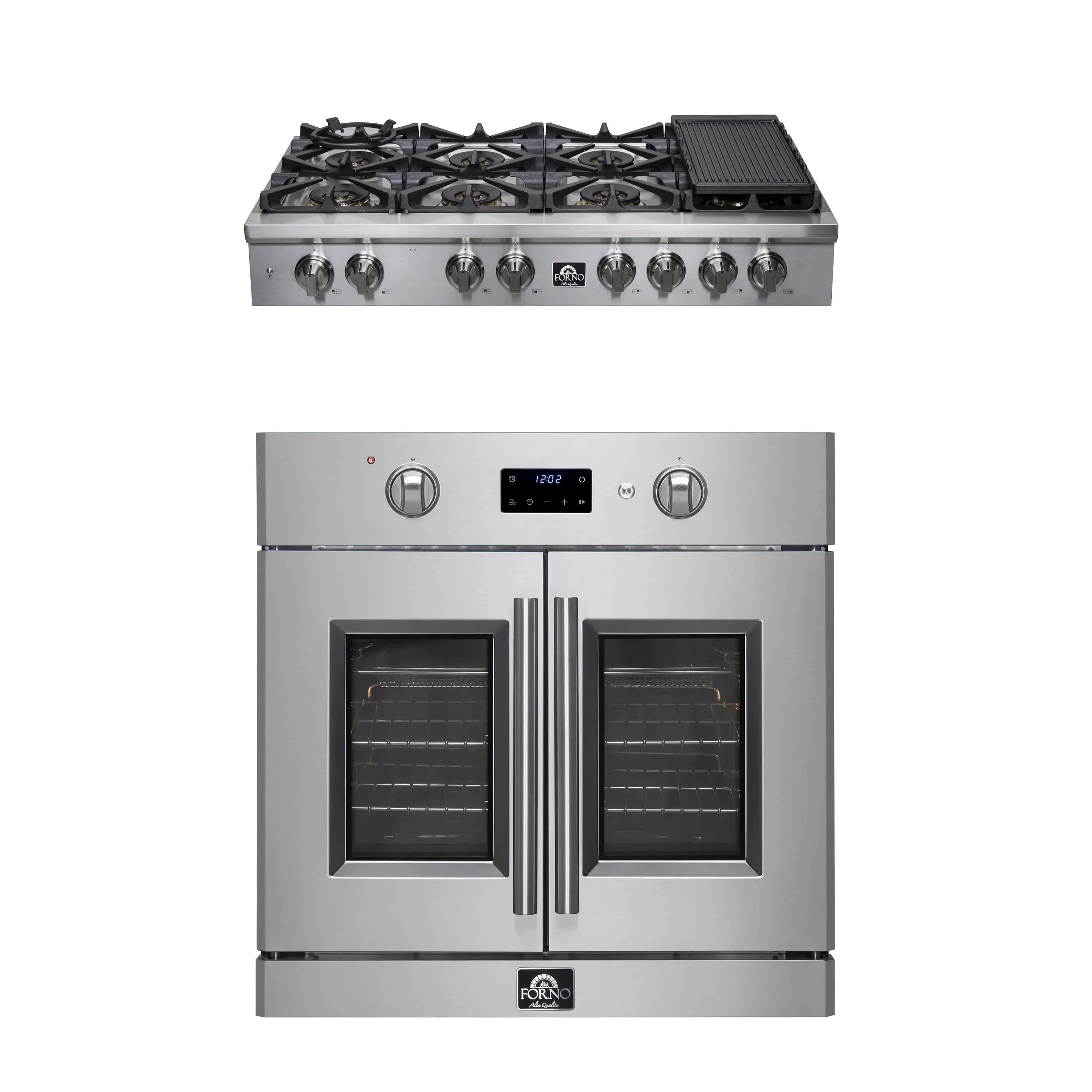 Stainless steel gas rangetop and double wall oven with two glass doors