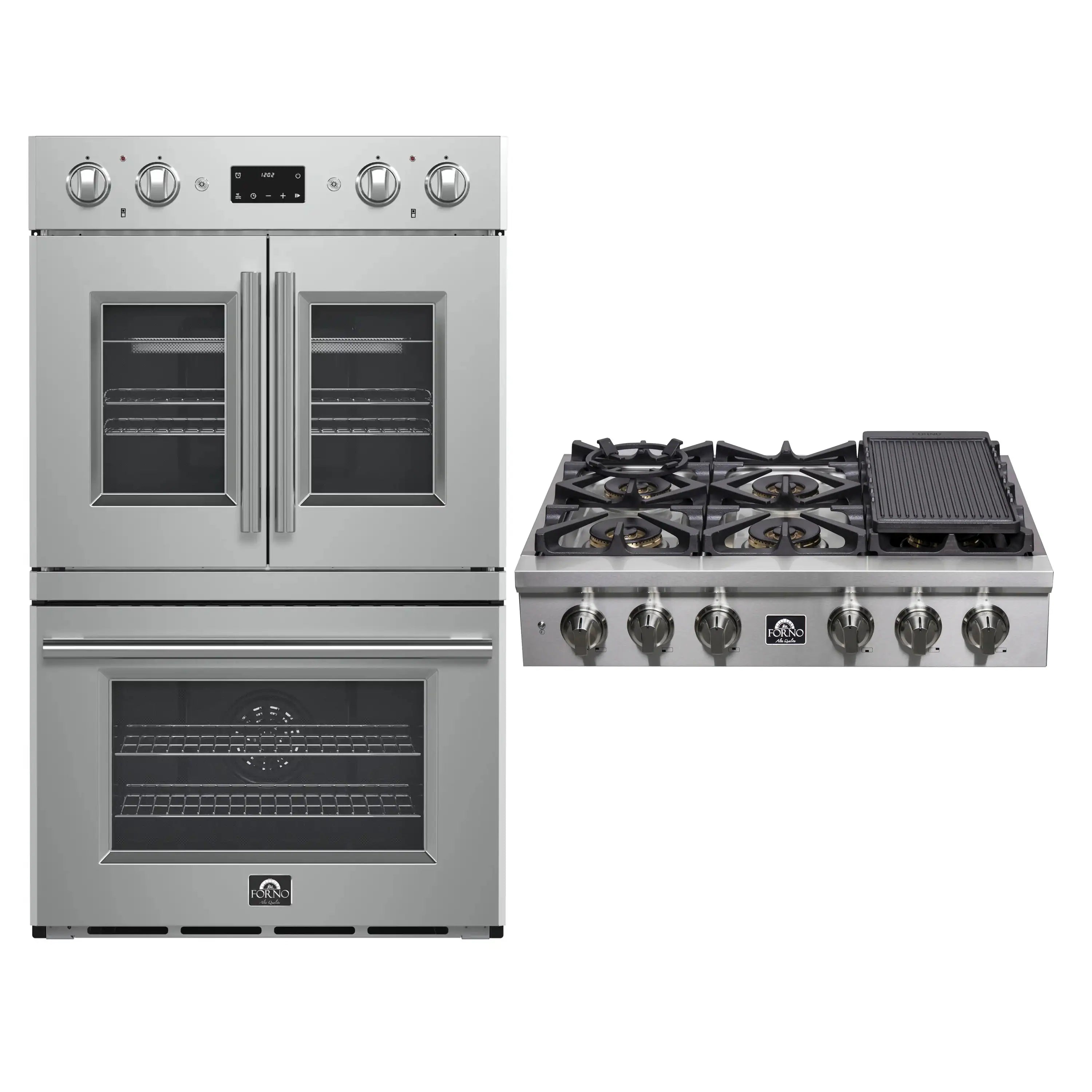 Stainless steel double wall oven stacked over gas cooktop with grates and knobs