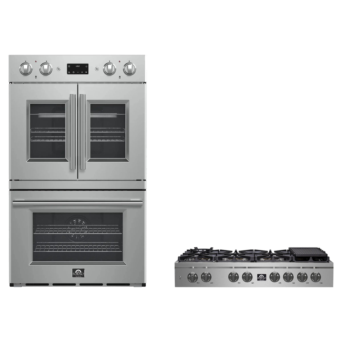 Forno 2-Piece Appliance Package - 48-Inch Spezia Gas Rangetop & French Door Double Wall Oven in Stainless Steel