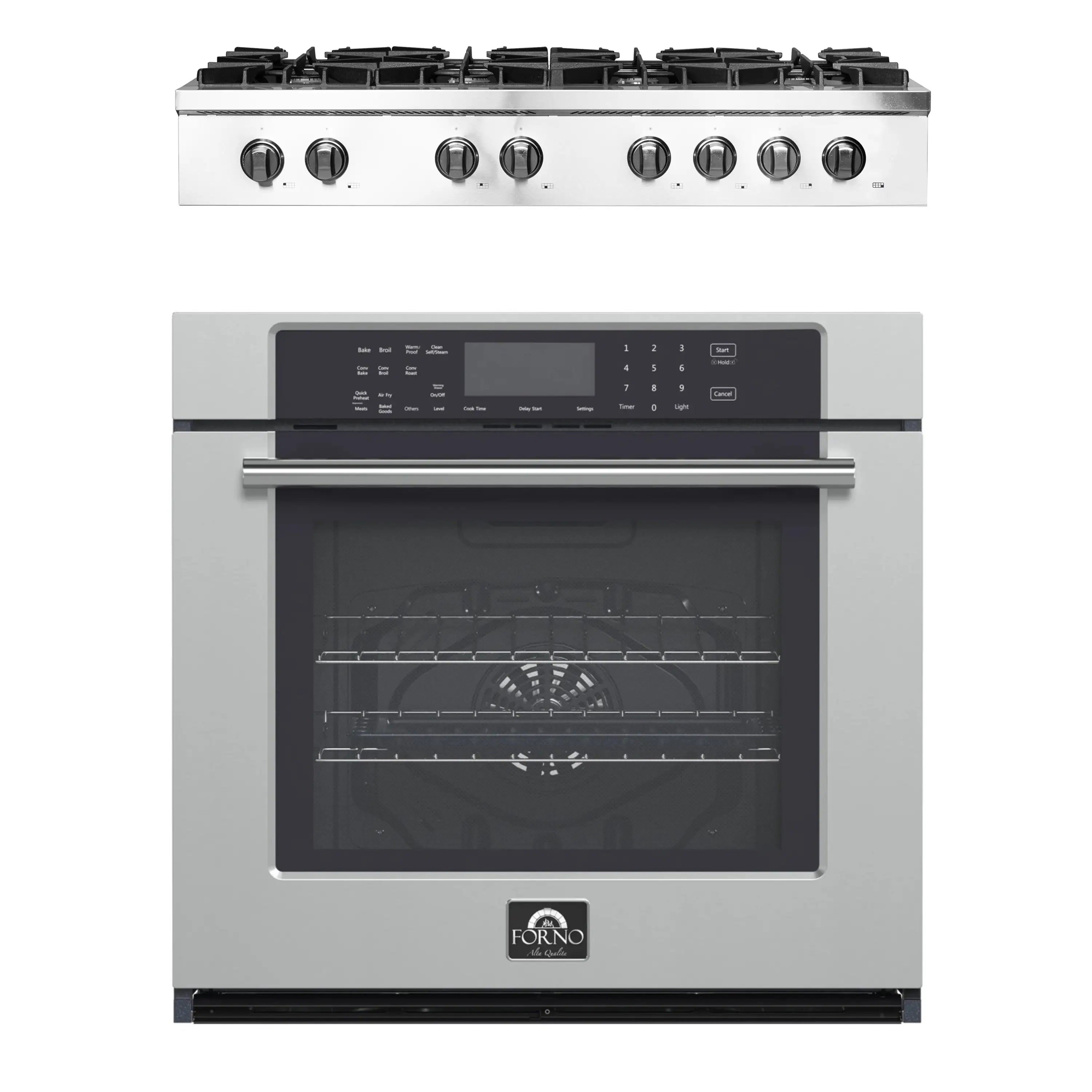 Stainless gas rangetop with knobs and wall oven below, front view