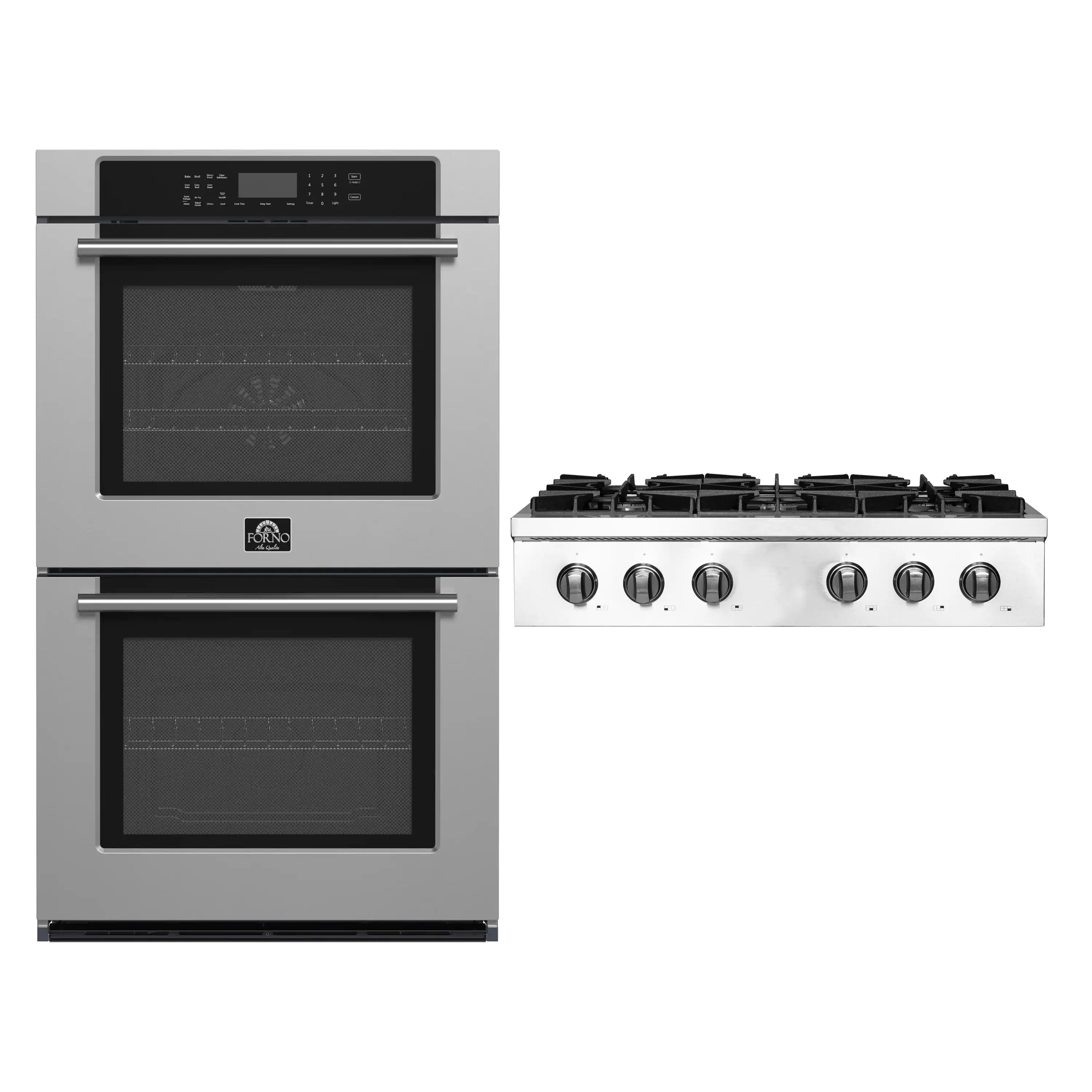 Stainless steel double wall oven with gas rangetop and six front control knobs