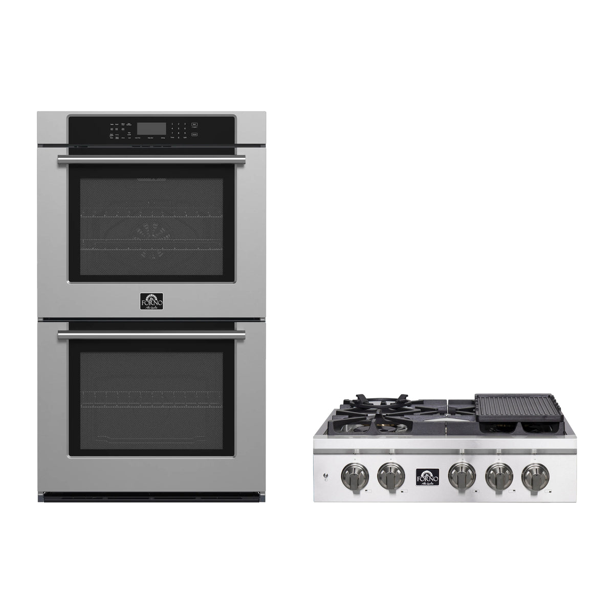 Forno 2-Piece Appliance Package - 30-Inch Spezia Gas Rangetop & Villarosa Double Electric Wall Oven in Stainless Steel