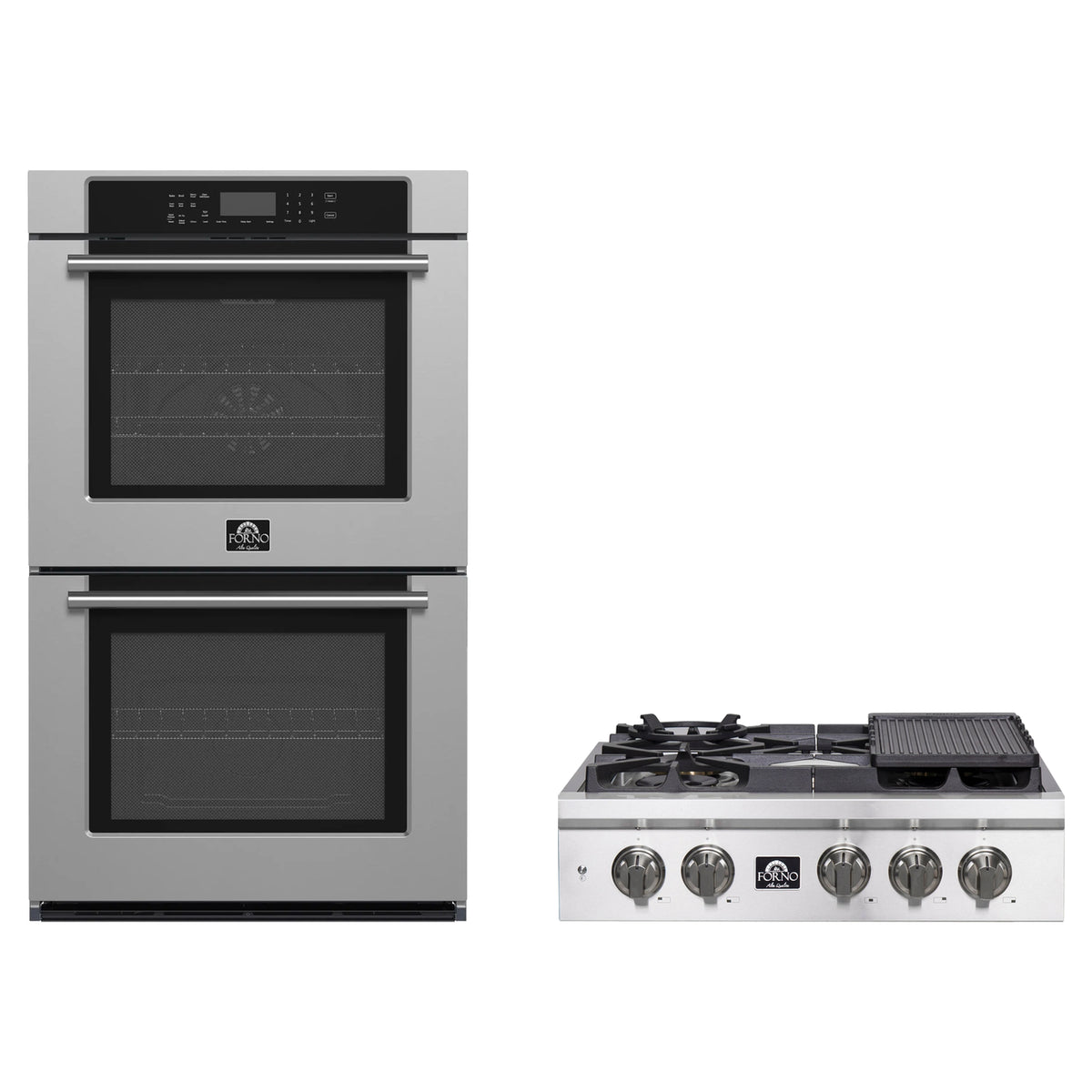 Forno 2-Piece Appliance Package - 30-Inch Spezia Gas Rangetop & Villarosa Double Electric Wall Oven in Stainless Steel