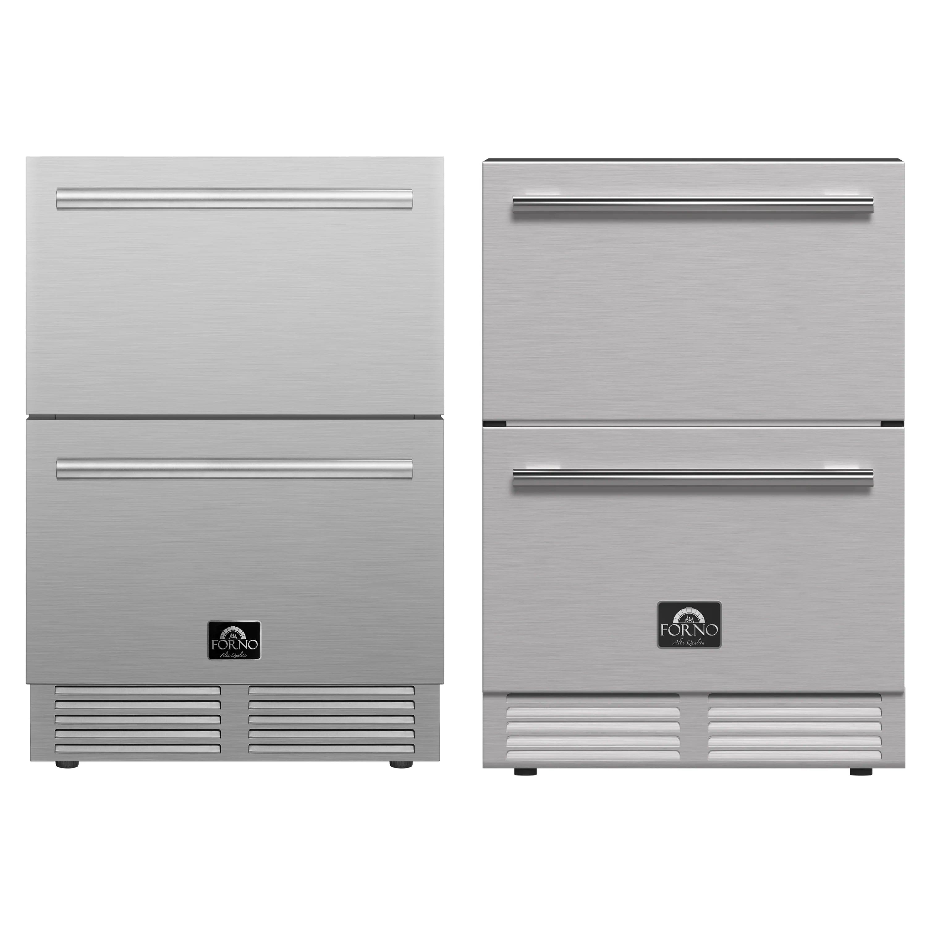 Two stainless steel drawer freezer and drawer refrigerator units, front view pair