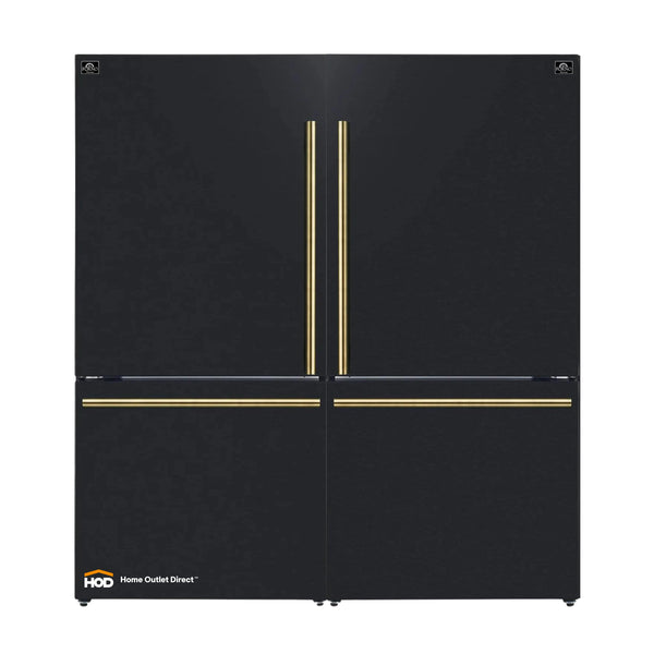 Forno Milano Espresso Package - 62-Inch, 34.4 cu. ft. Refrigerators with Bottom Freezers in Black with Antique Brass Trim