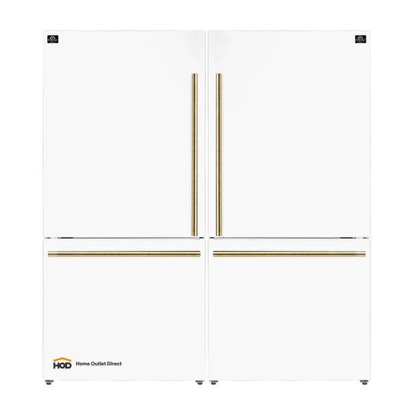 Forno Milano Espresso Package - 62-Inch, 34.4 cu. ft. Refrigerators with Bottom Freezers in White with Antique Brass Trim