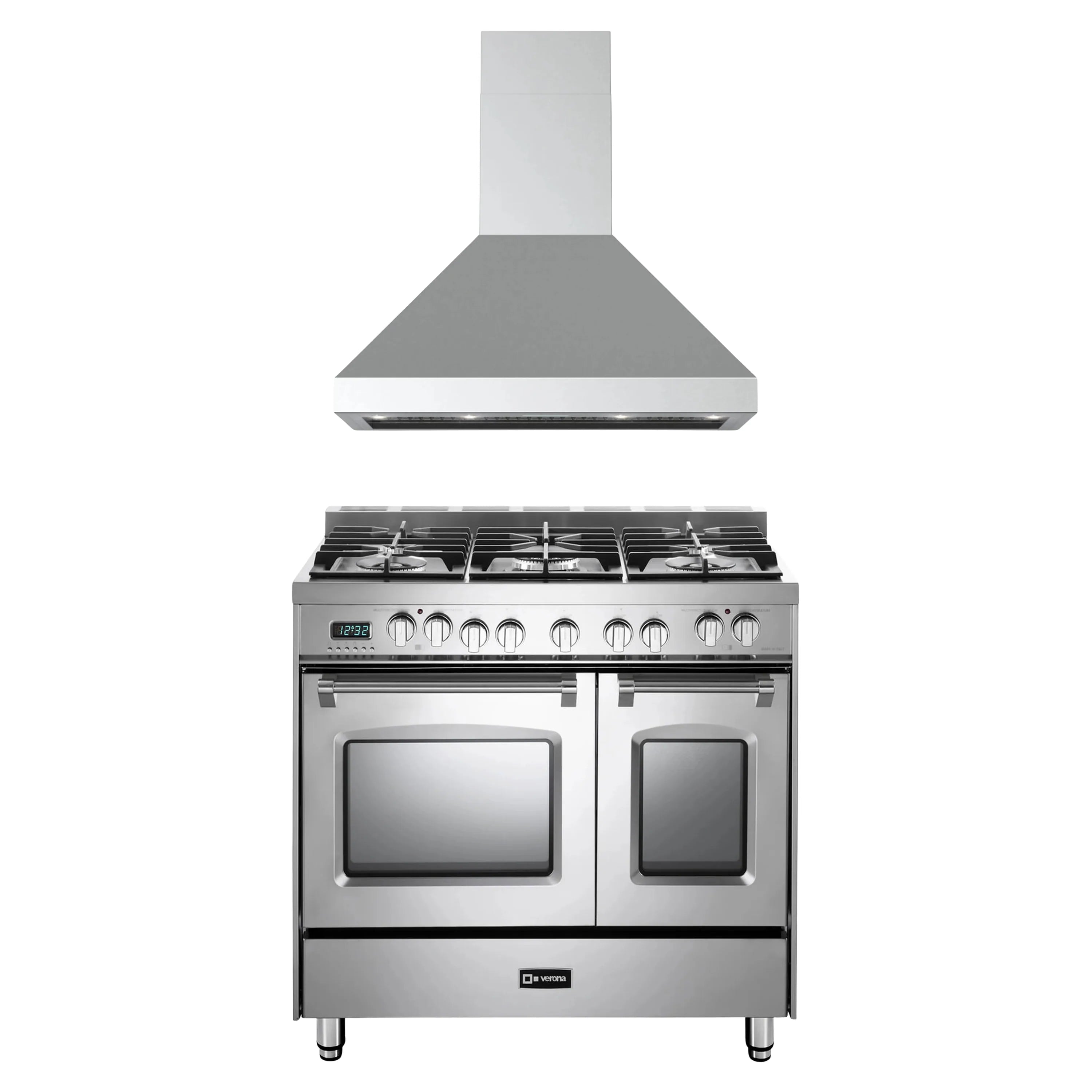 Stainless steel dual fuel range with wall hood and control panel