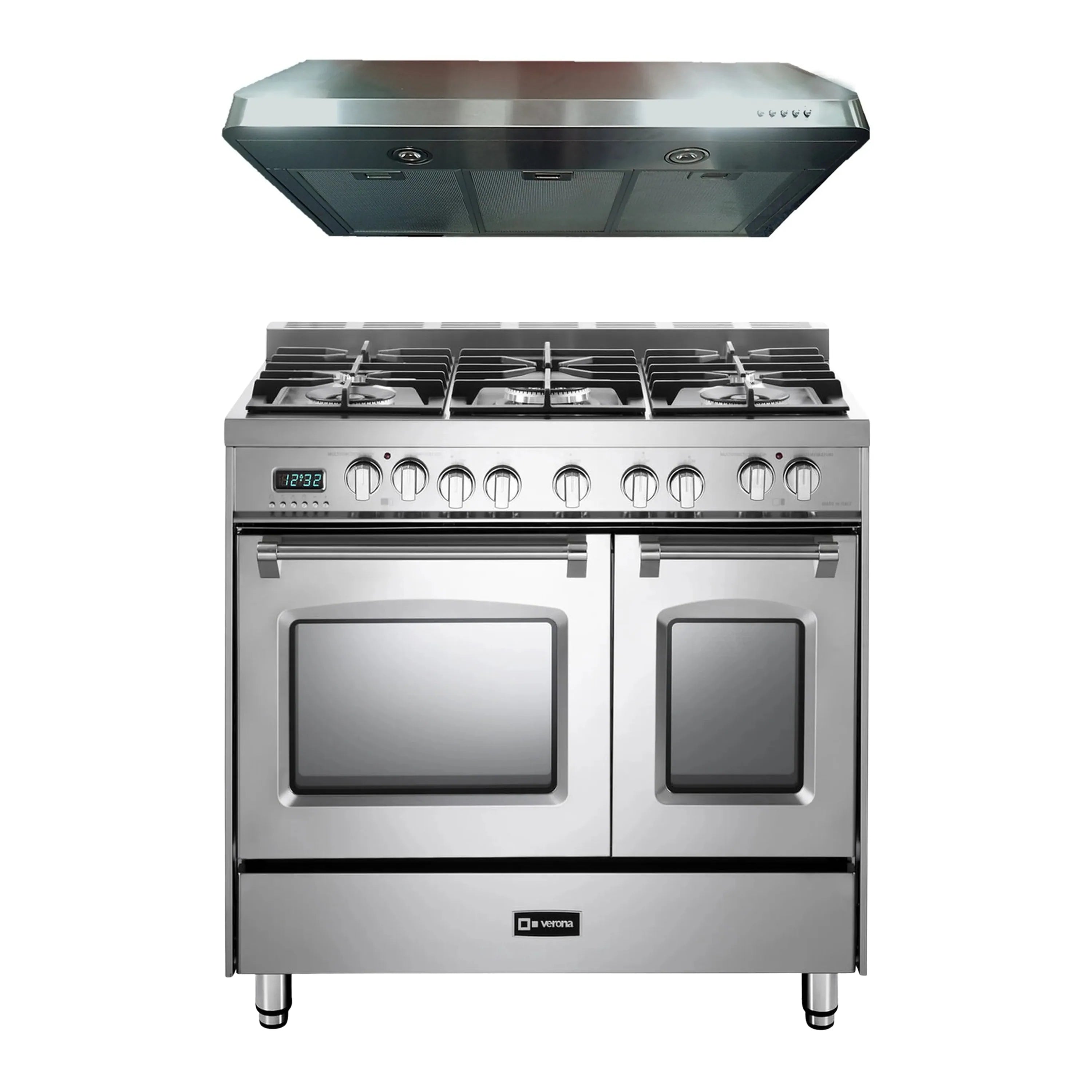Stainless steel dual-fuel range with two ovens and six-burner cooktop