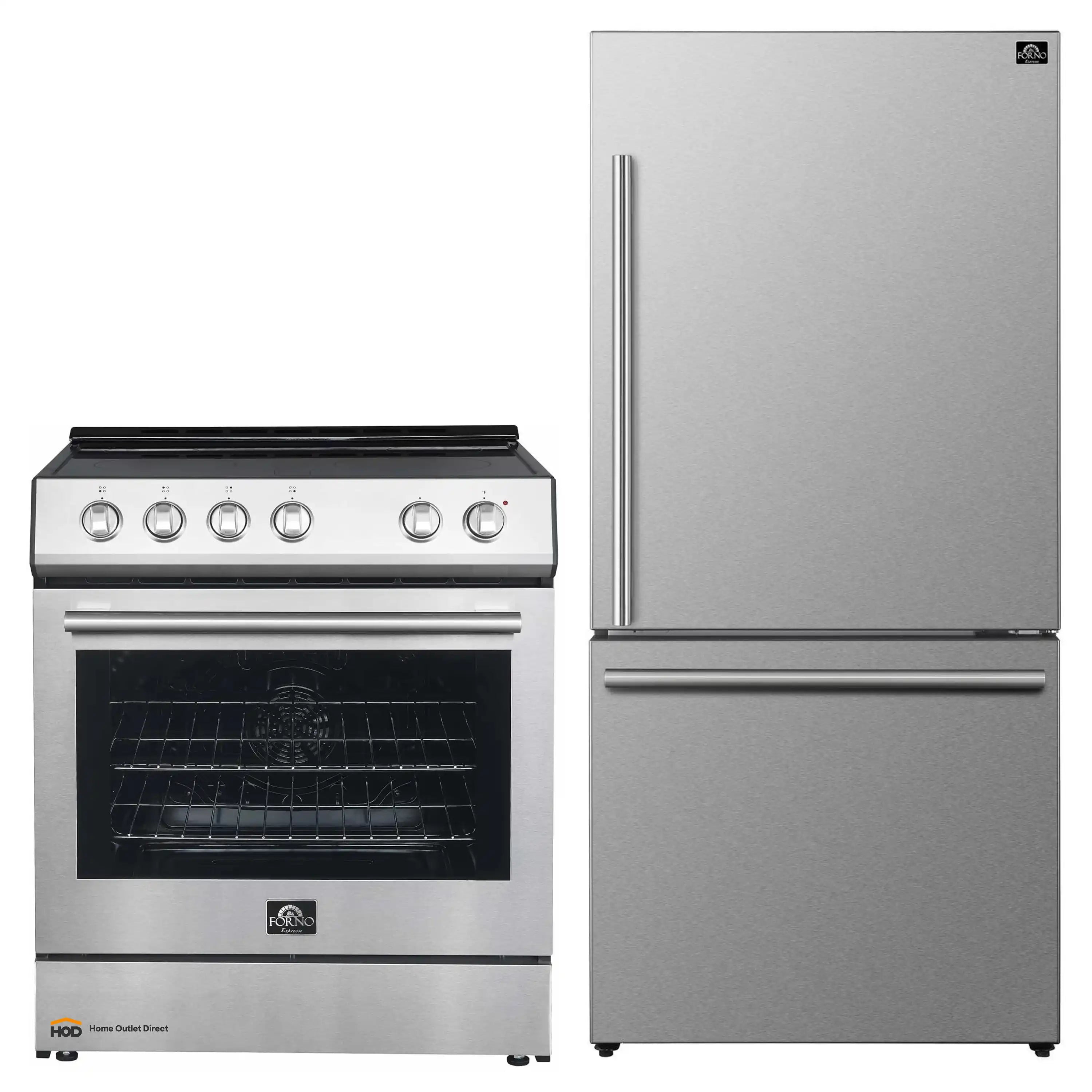 Stainless electric range with oven window next to refrigerator in brushed steel