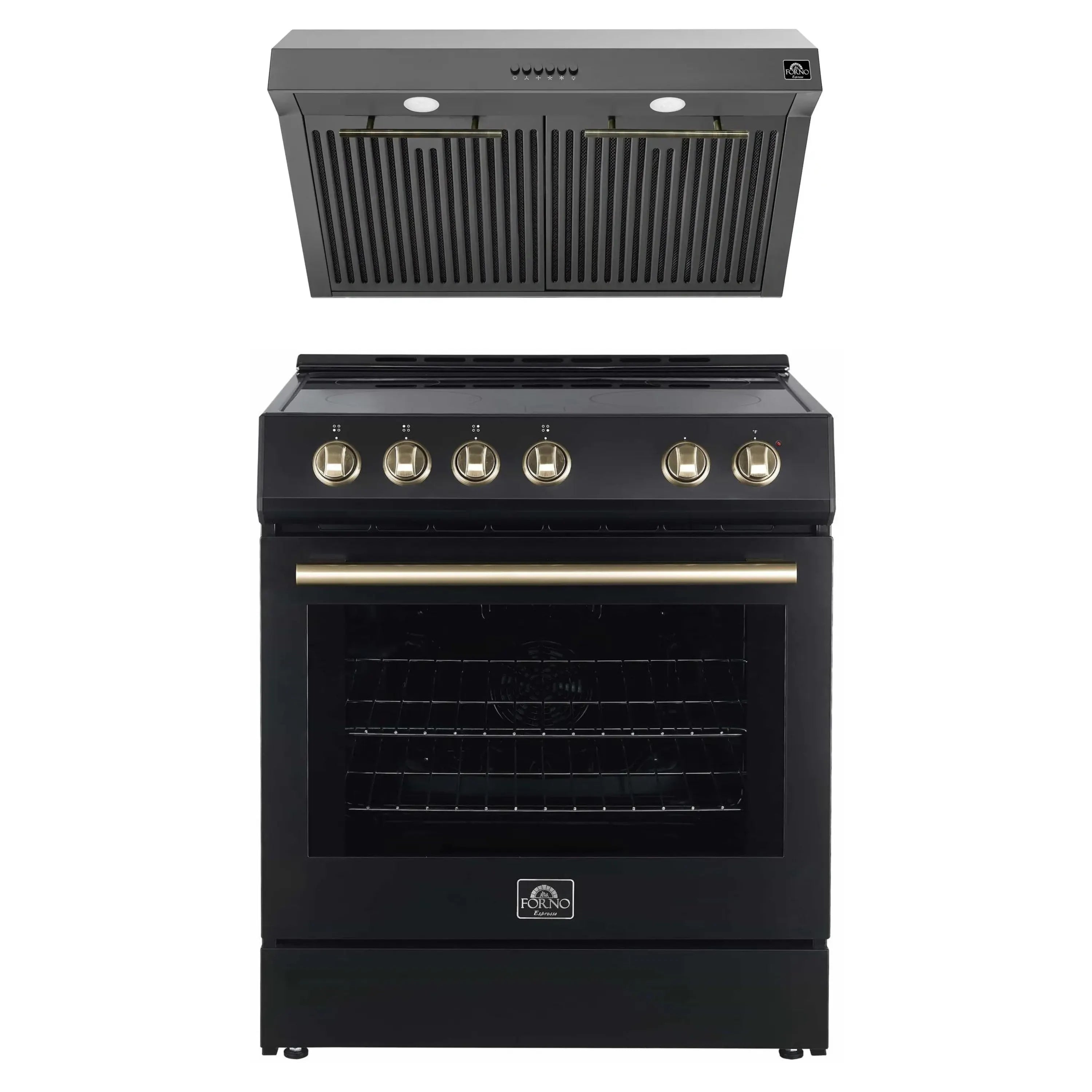 Black electric range with brass-trim knobs and under-cabinet hood, 2-piece appliance package