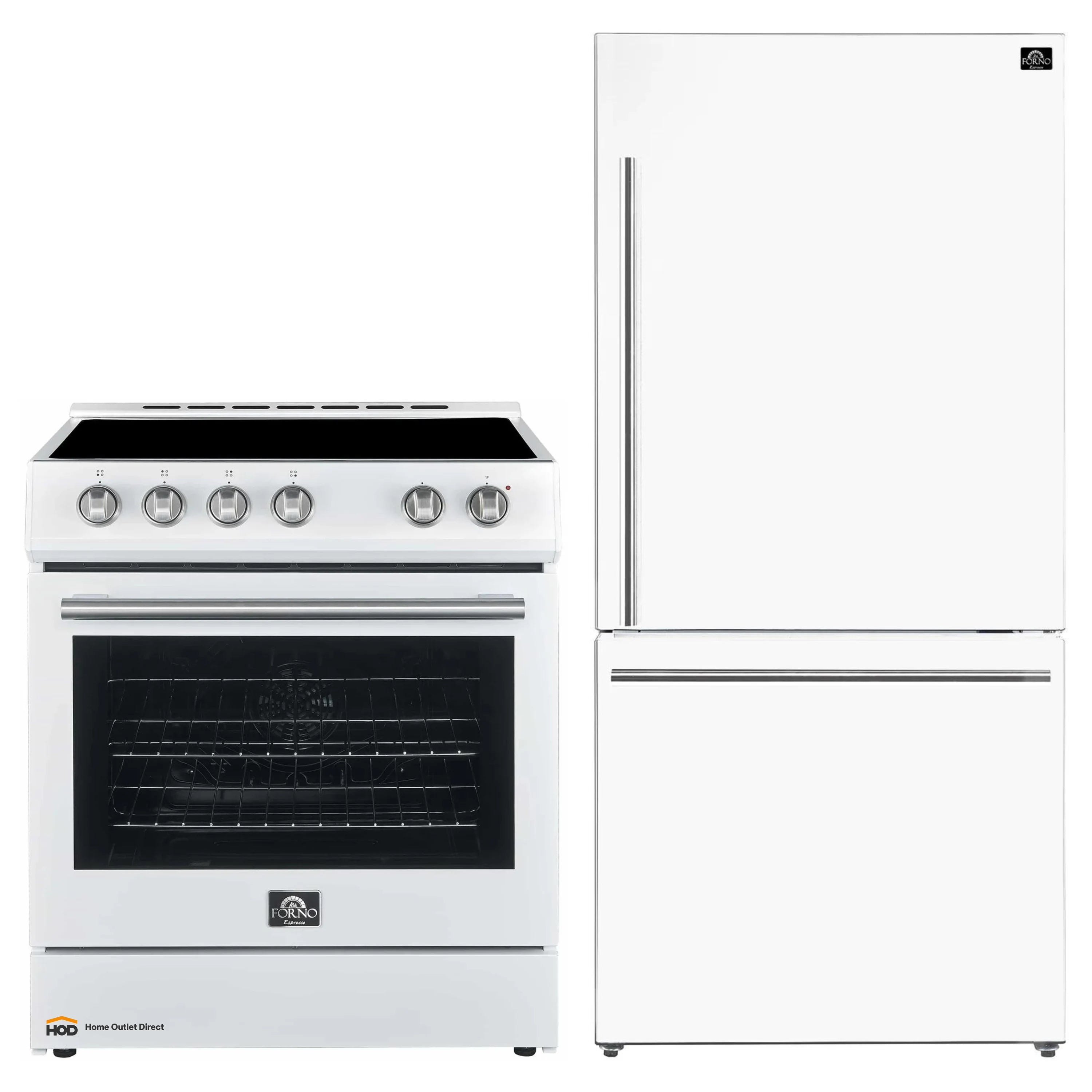 White electric range and refrigerator 2-piece appliance package with stainless trim
