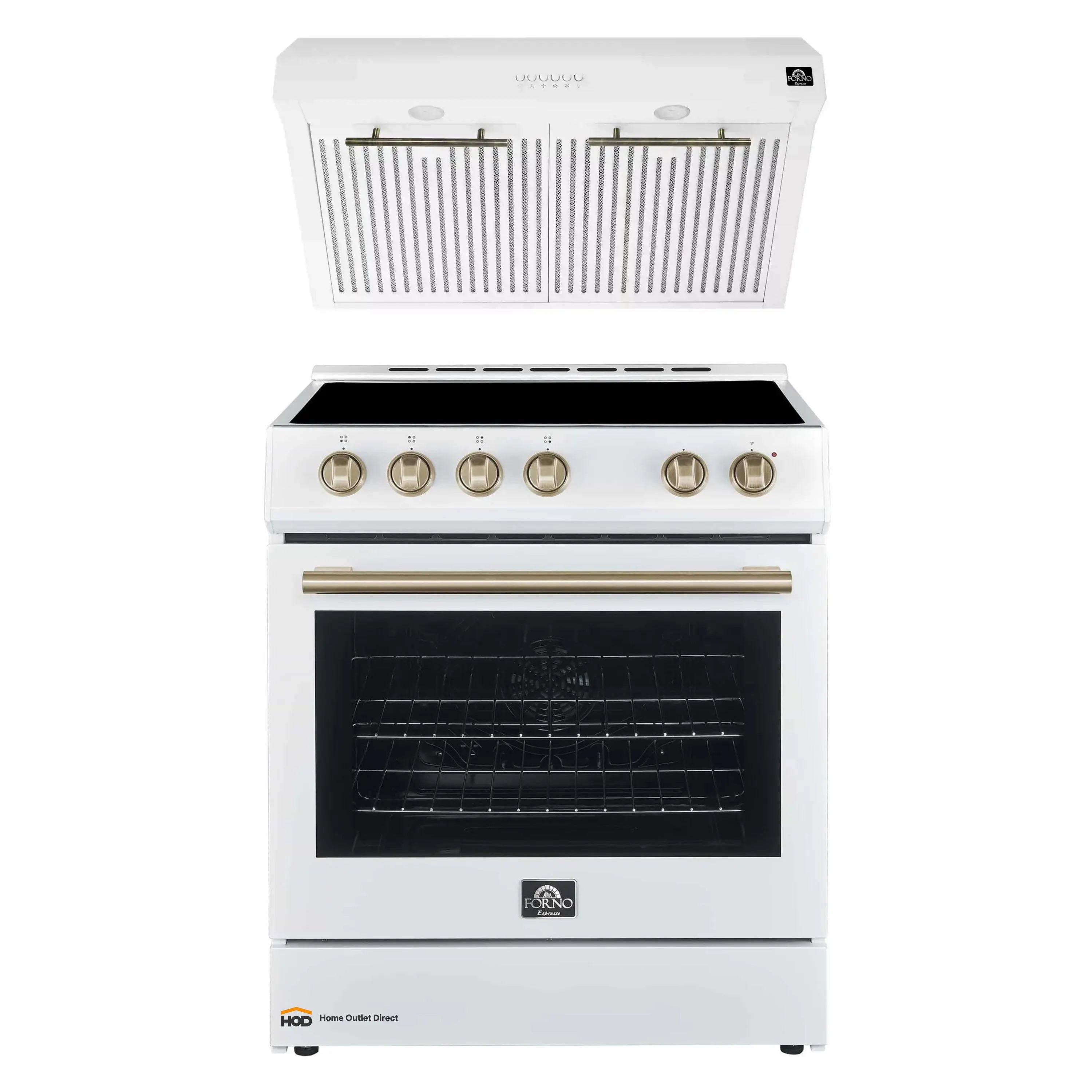 White electric range with oven cavity and brass knob accents under range hood