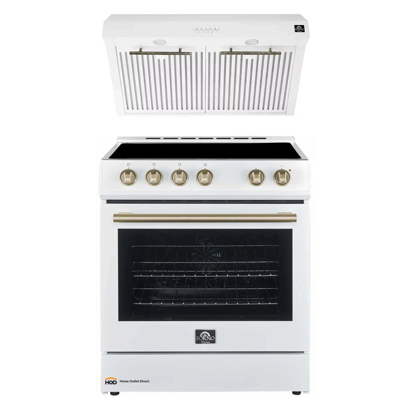 Forno Espresso 2-Piece Appliance Package - 30-Inch Electric Range with 5.0 Cu.Ft. Electric Oven and Under Cabinet Range Hood in White with Brass Handle