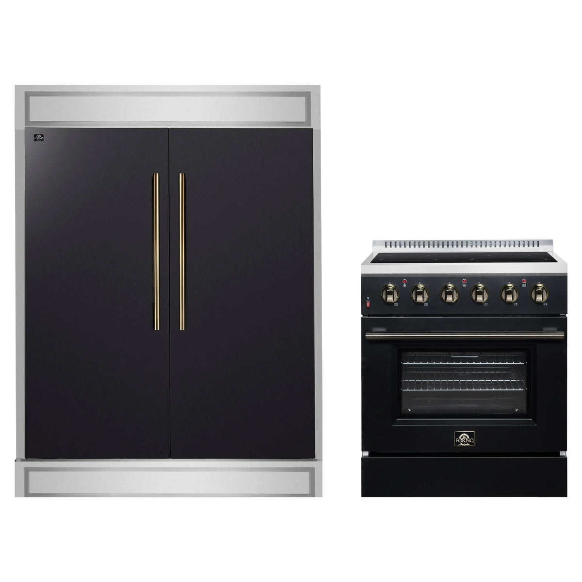 Forno 2-Piece Appliance Package - 30-Inch Electric Range & 60-Inch Refrigerator in Black with Antique Brass Trim