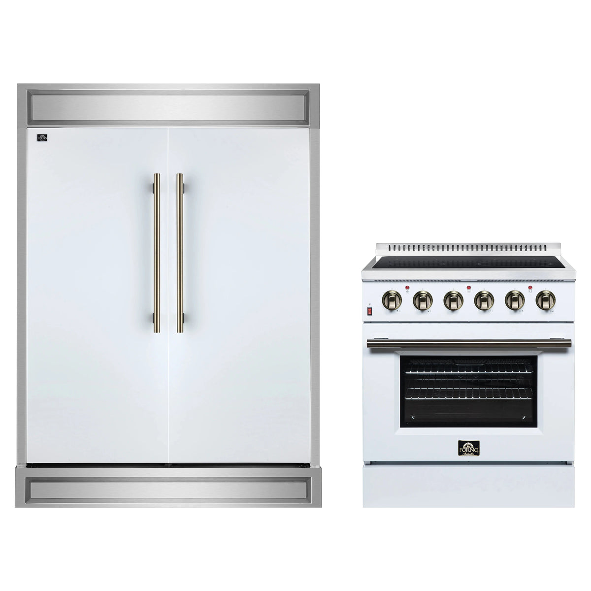 Forno 2-Piece Appliance Package - 30-Inch Electric Range & 60-Inch Refrigerator in White with Antique Brass Trim