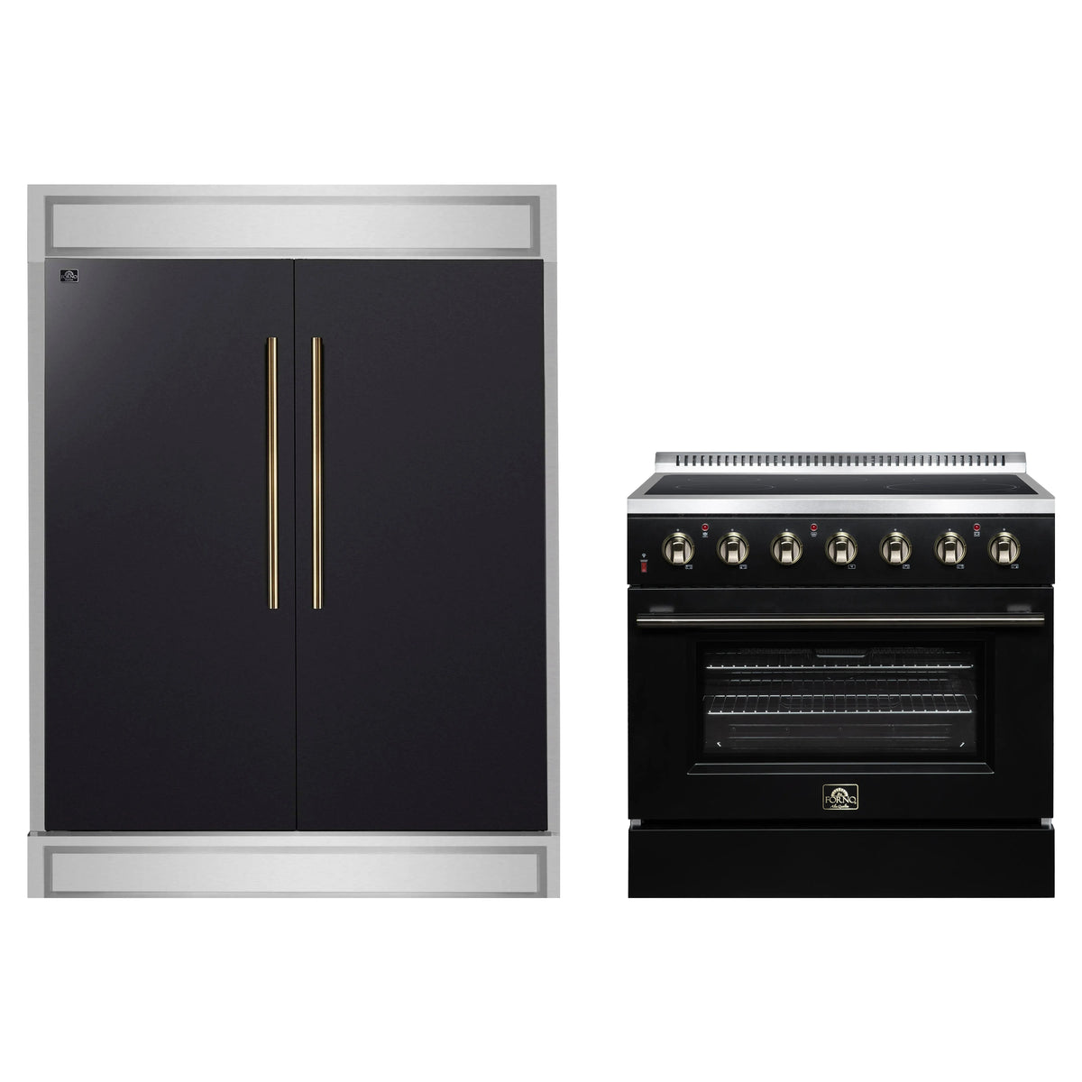 Forno 2-Piece Appliance Package - 36-Inch Electric Range & 60-Inch Refrigerator in Black with Antique Brass Trim