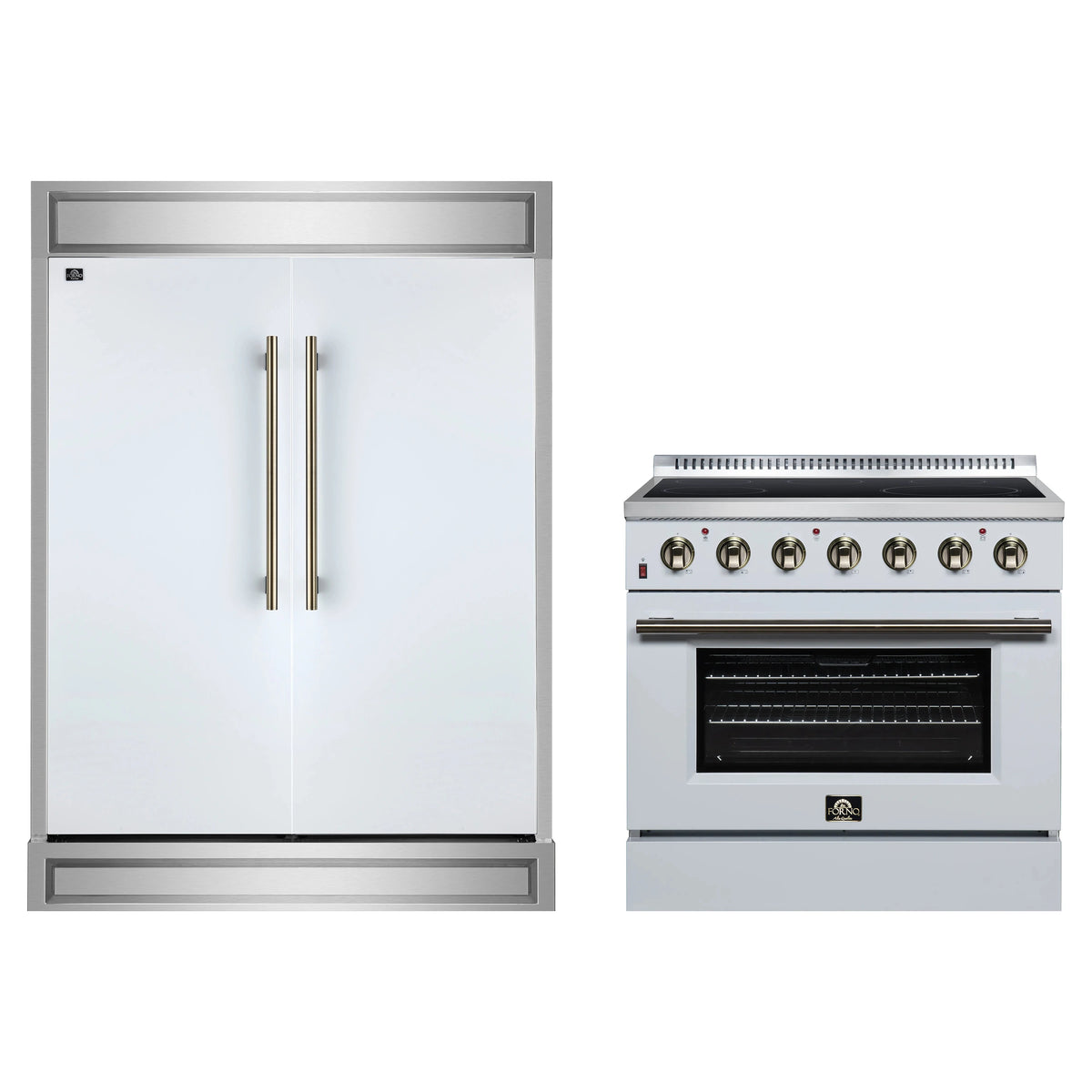 Forno 2-Piece Appliance Package - 36-Inch Electric Range & 60-Inch Refrigerator in White with Antique Brass Trim