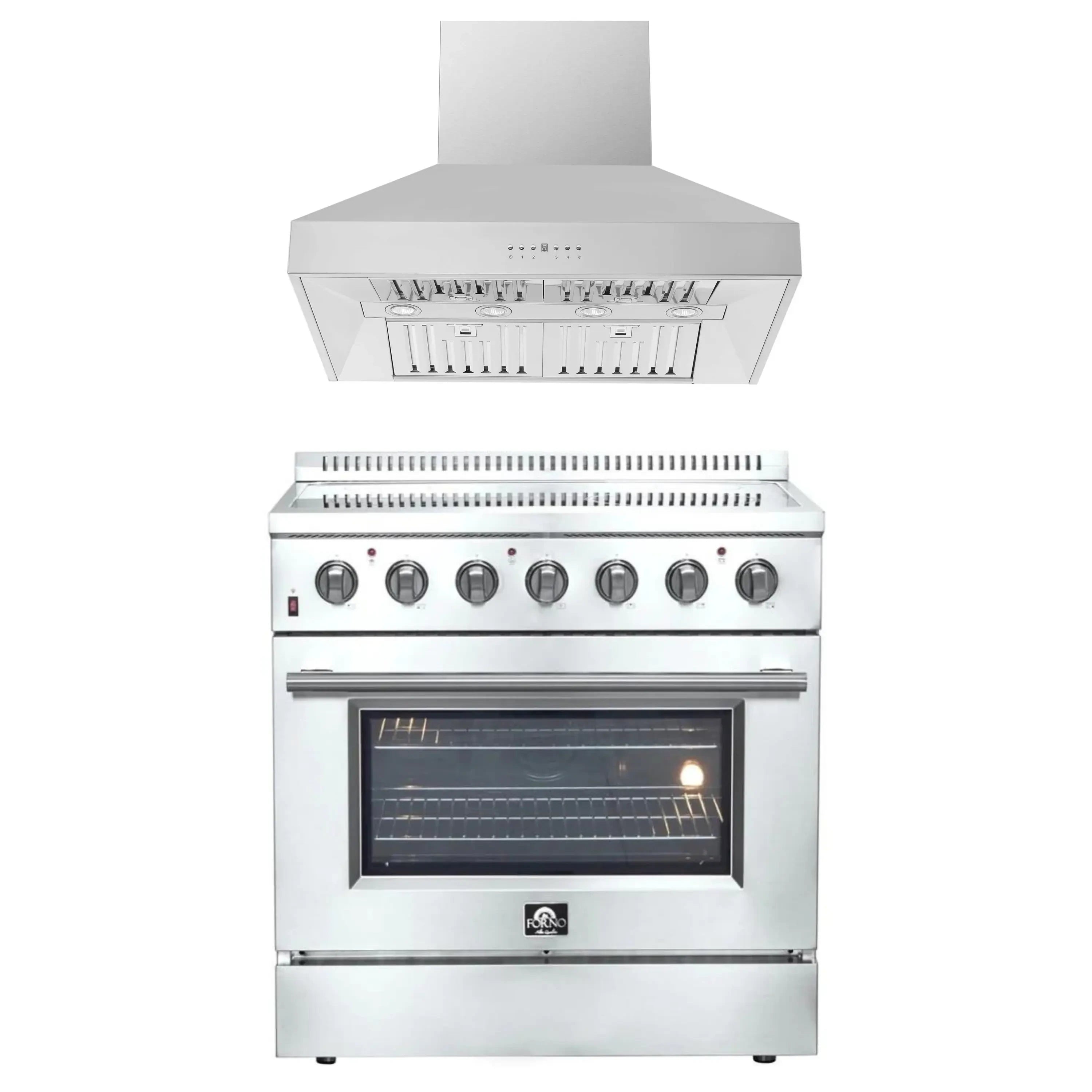 Stainless steel electric range with wall mount range hood and illuminated oven interior