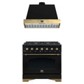 Forno Antico 2-Piece Appliance Package - 36-Inch Dual Fuel Range & 36-Inch Wall Mount Range Hood in Black with Antique Brass Trim