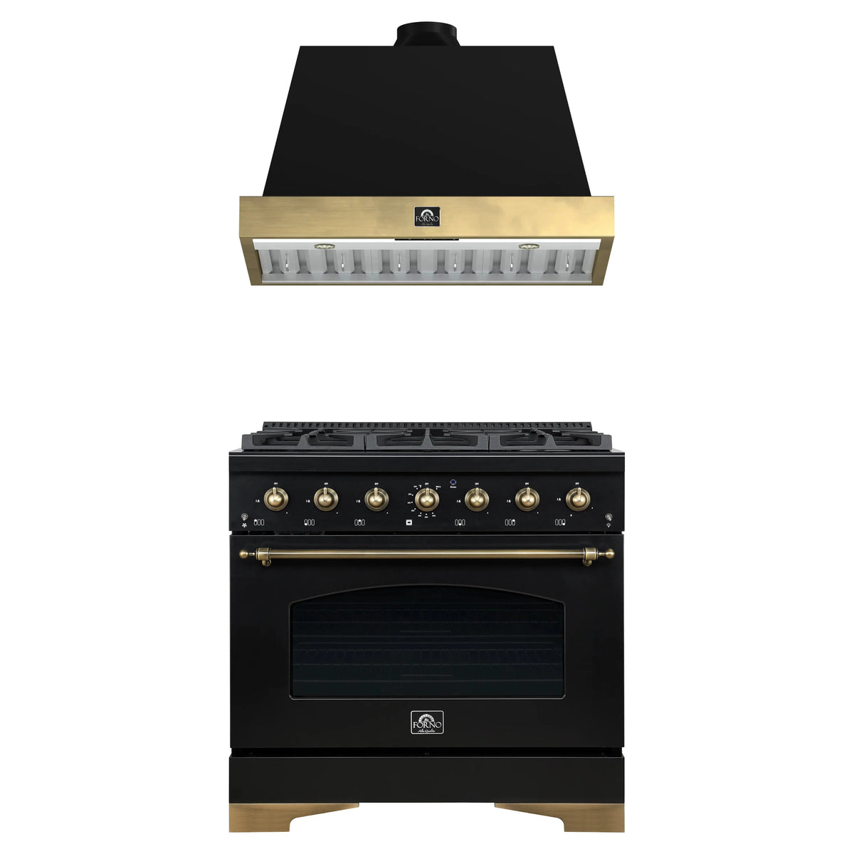 Forno Antico 2-Piece Appliance Package - 36-Inch Dual Fuel Range & 36-Inch Wall Mount Range Hood in Black with Antique Brass Trim