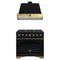 Forno Antico 2-Piece Appliance Package - 36-Inch Dual Fuel Range & 36-Inch Wall Mount Range Hood in Black with Antique Brass Trim