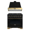 Forno Antico 2-Piece Appliance Package - 36-Inch Dual Fuel Range & 36-Inch Wall Mount Range Hood in Black with Antique Brass Trim